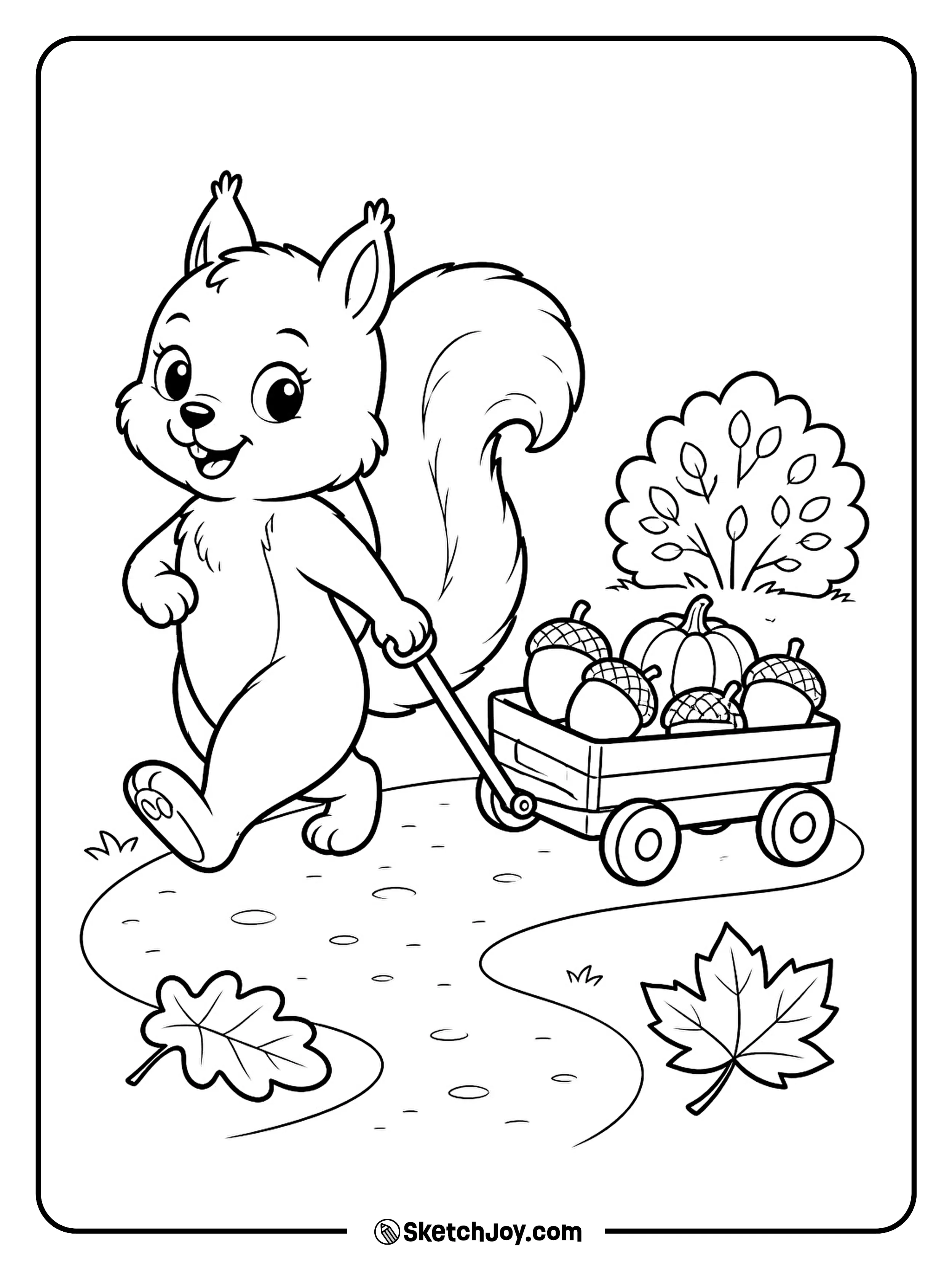 A squirrel pulls a tiny wagon filled with acorns and one pumpkin.