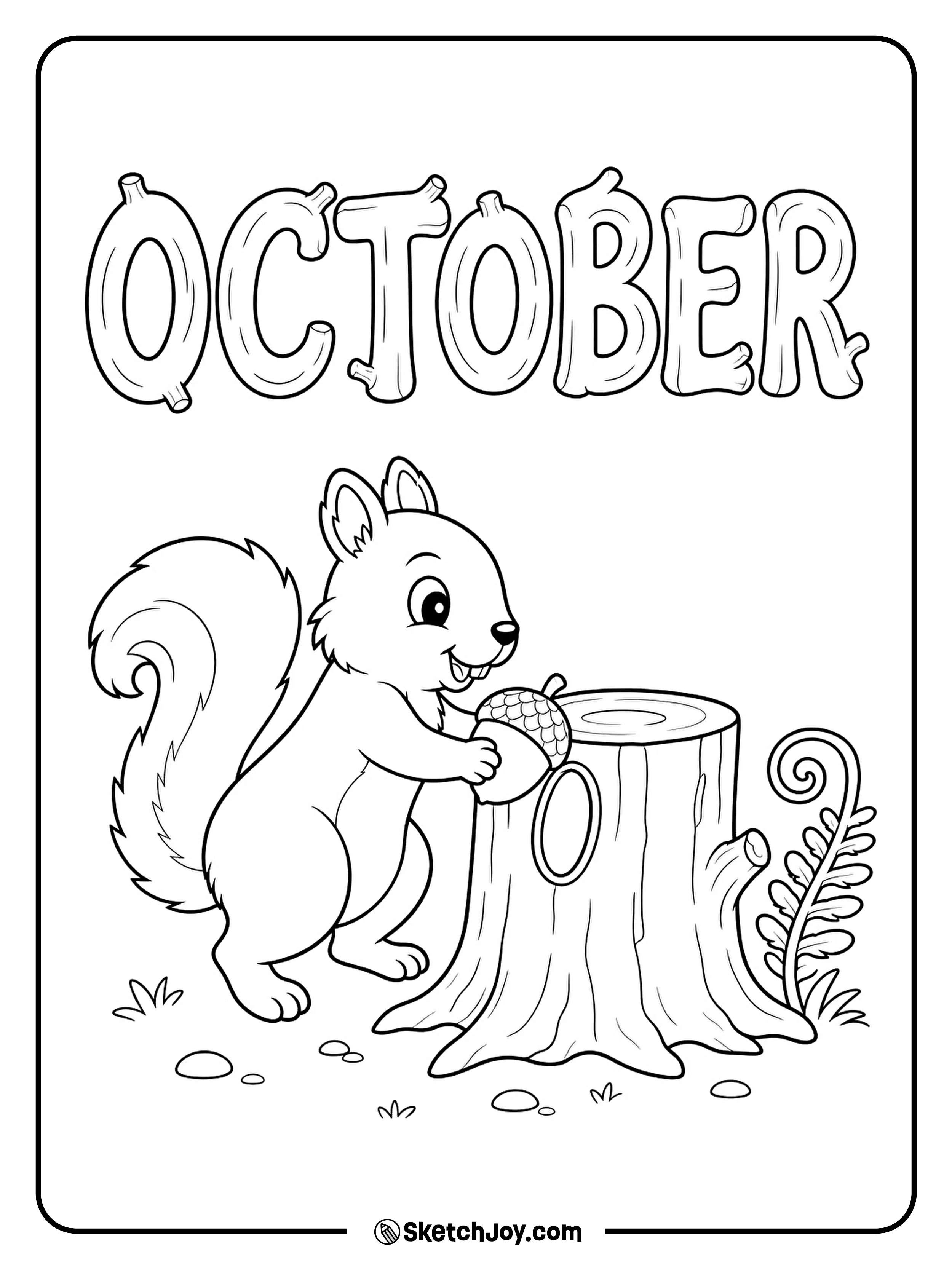 A squirrel carefully pushes a large acorn into a small hole in an old stump.