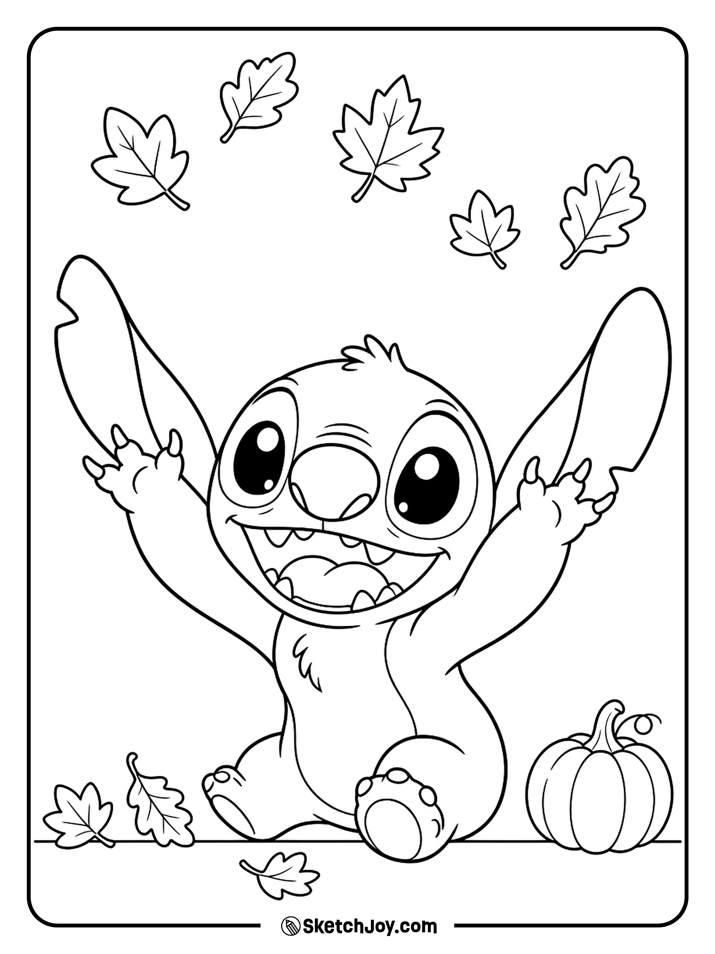 Stitch tosses leaves into the air and has fun in the cool weather.