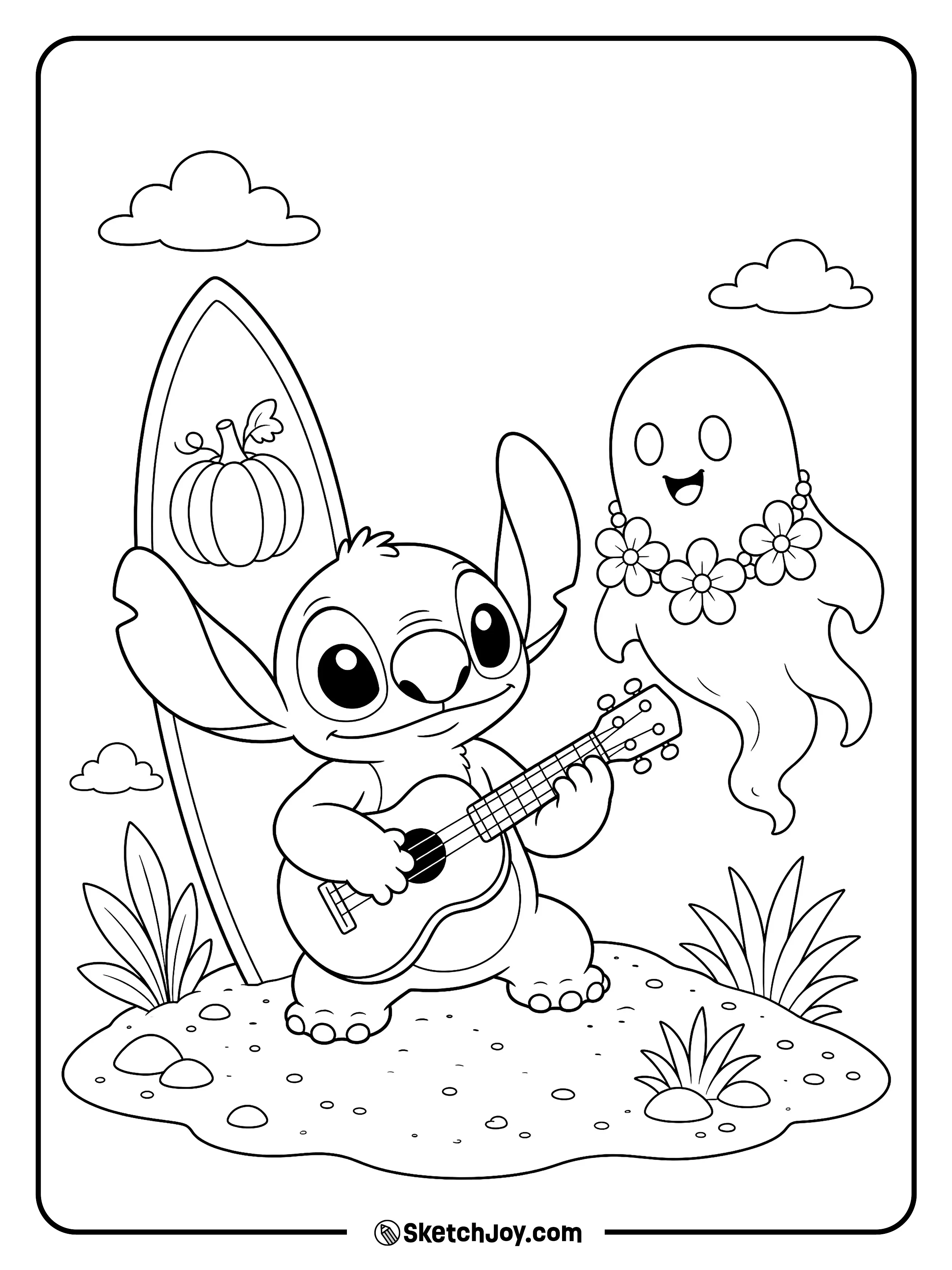 Stitch plays a ukulele while a happy ghost dances beside him.