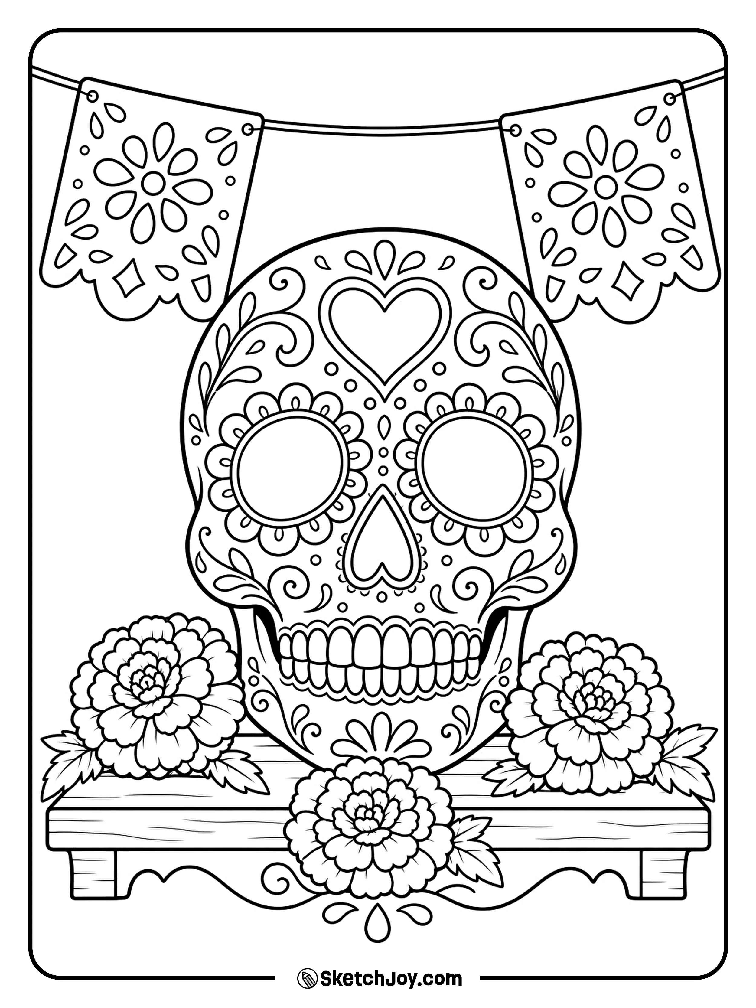 A sugar skull rests among marigolds beneath two flags with cutout flower shapes.