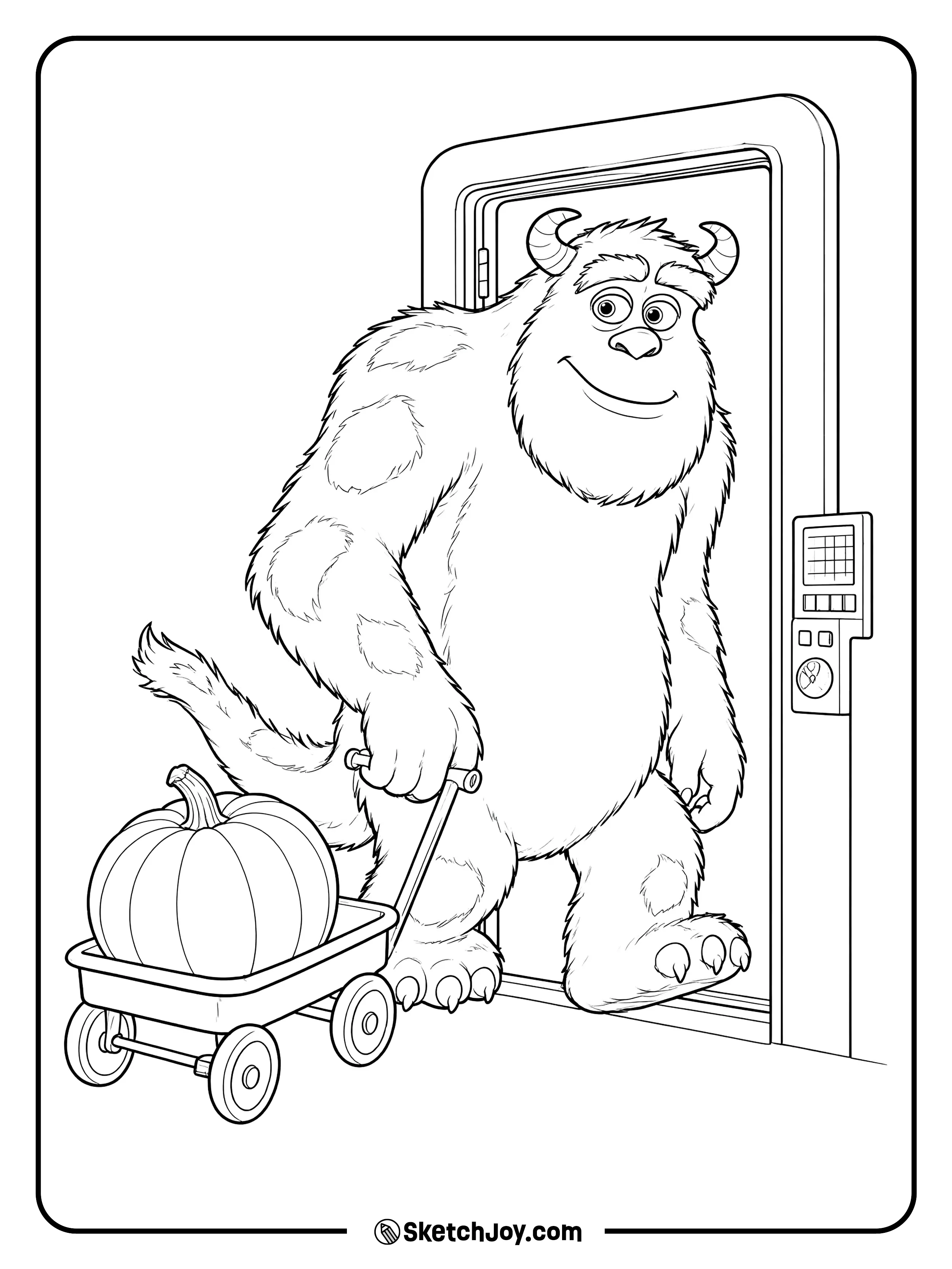 Sulley pulls a little pumpkin wagon through a door at the monster factory.