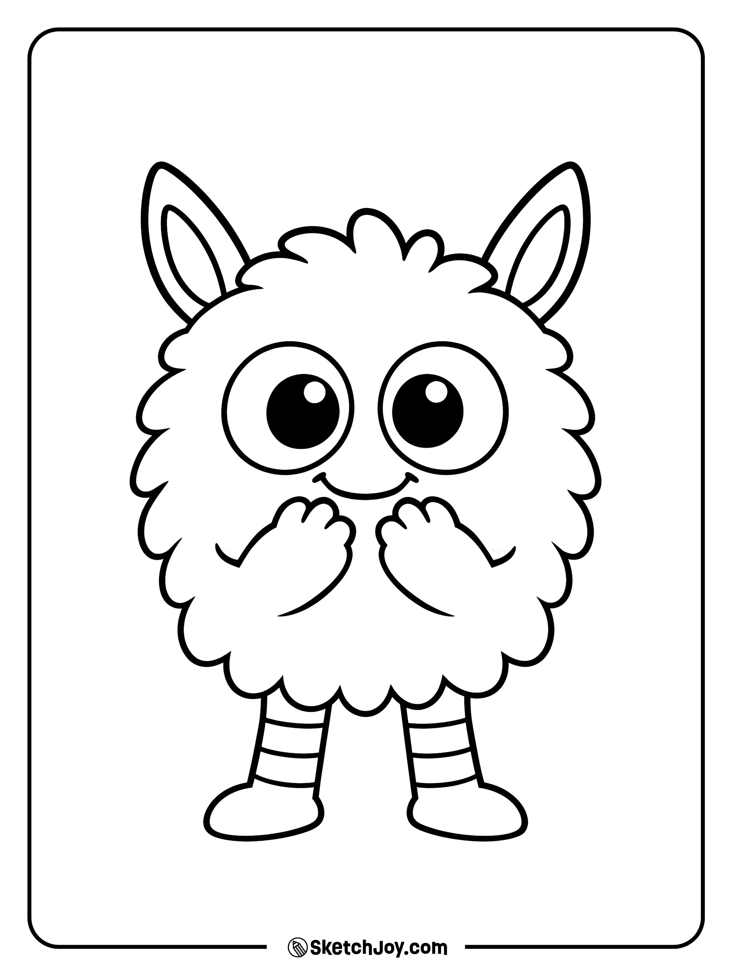 A fluffy monster with pointed ears holds its paws close and gives a little smile.