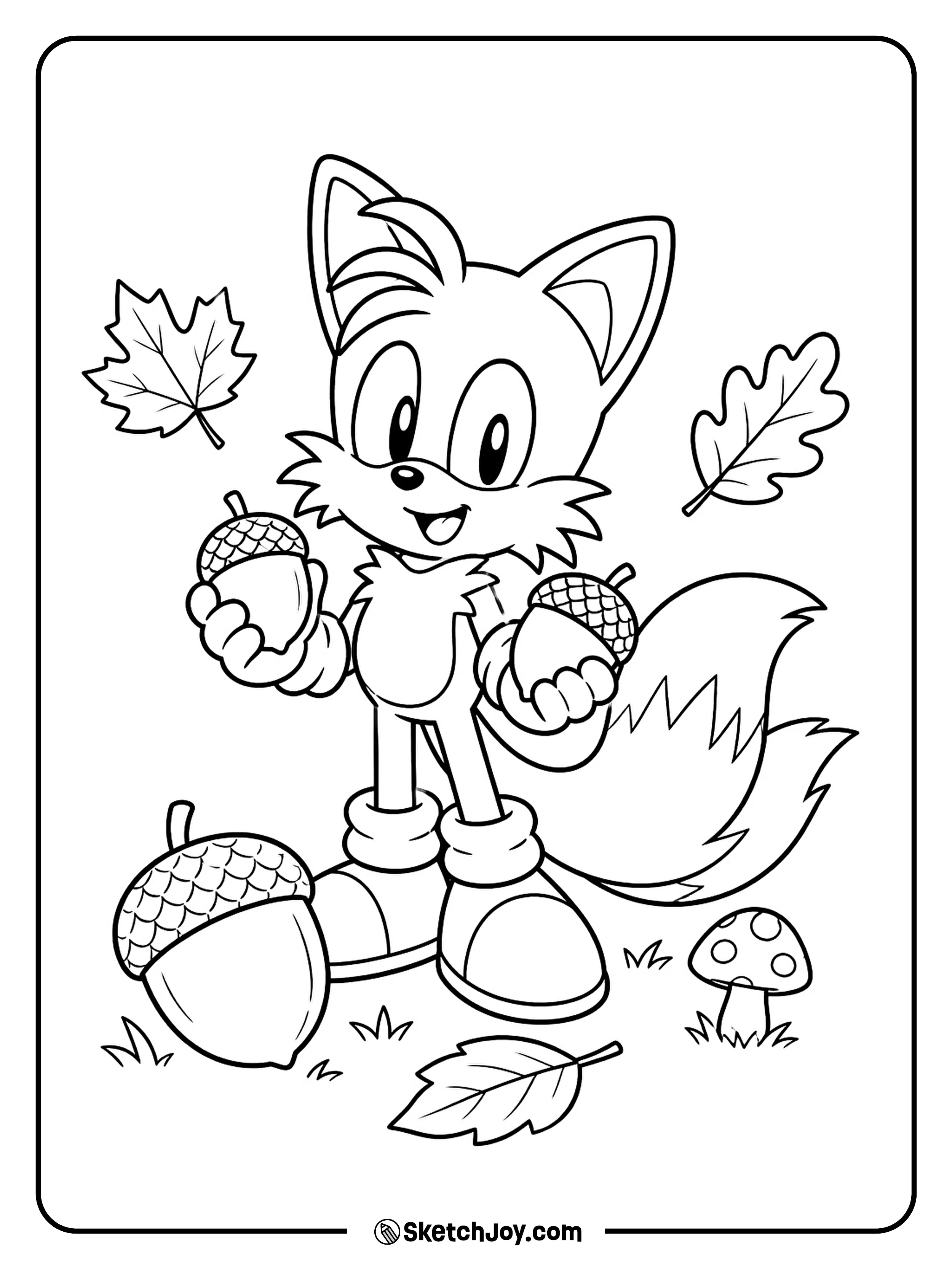 Tails happily balances a few acorns in a fun fall moment.