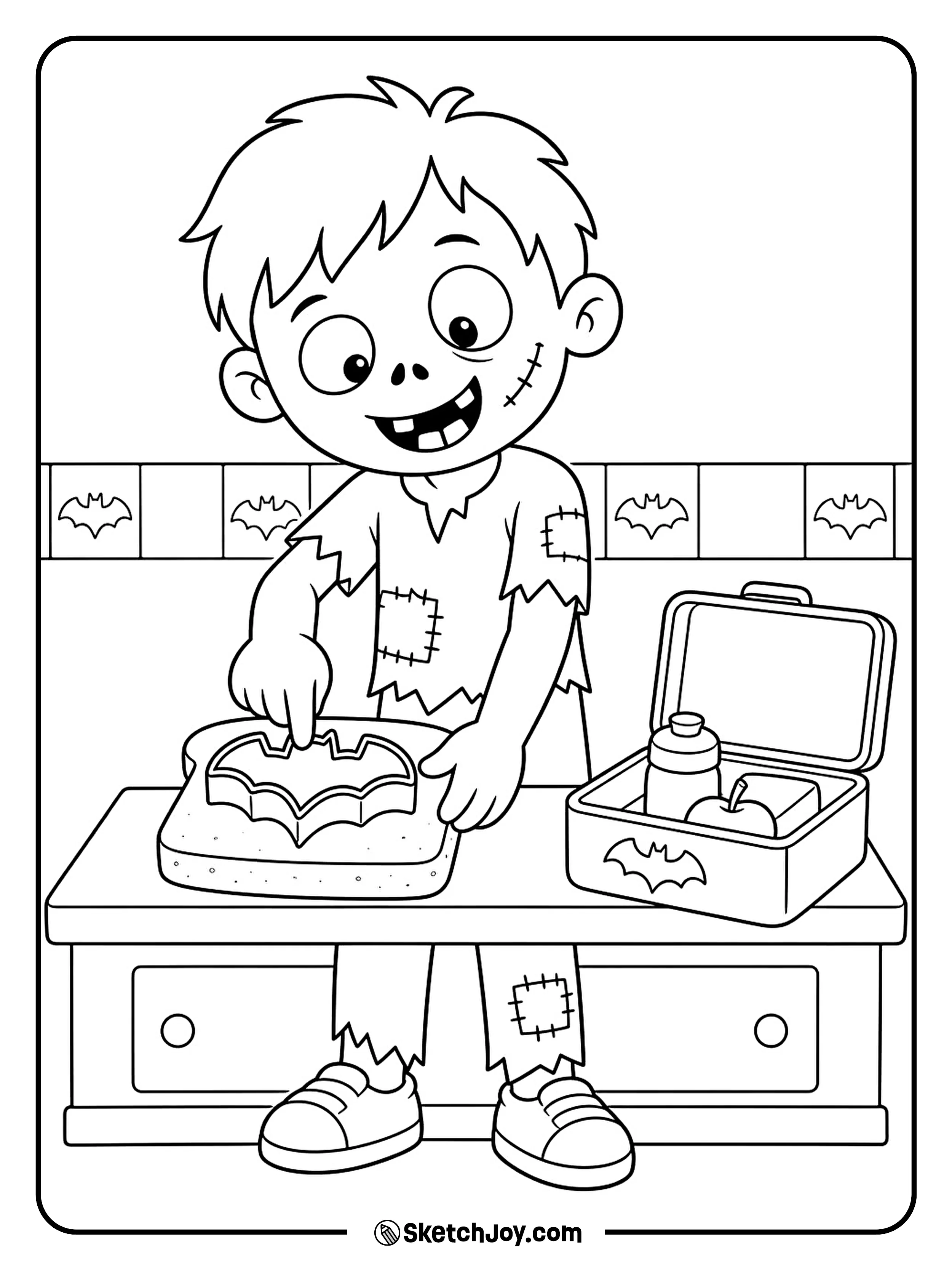 A zombie presses a bat-shaped cutter into bread beside an open lunch box.