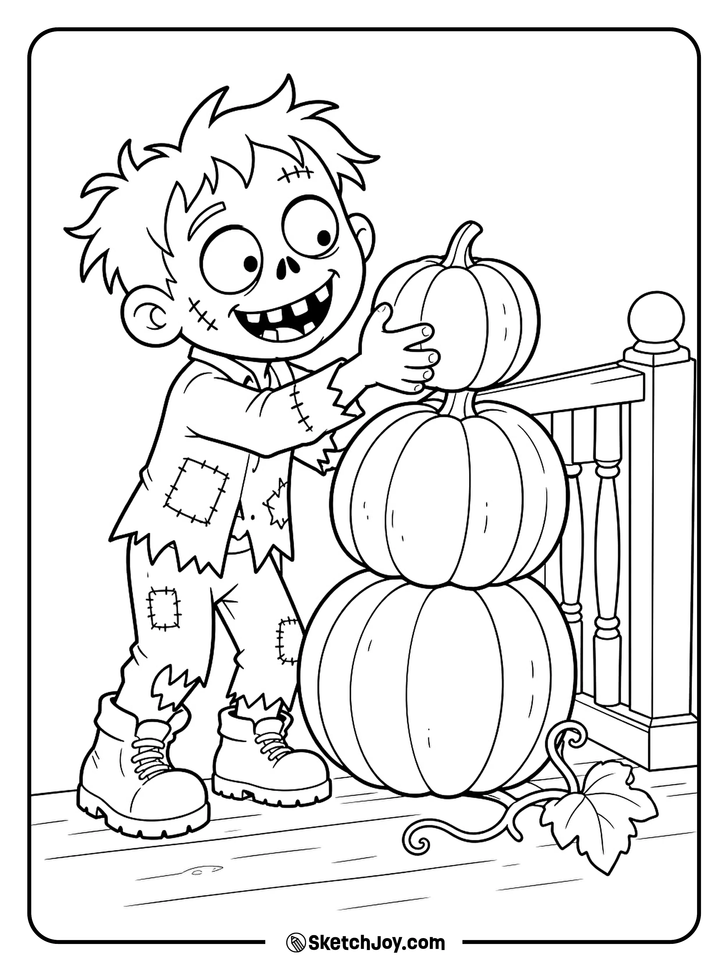 A careful zombie places a small pumpkin on top of two larger ones.