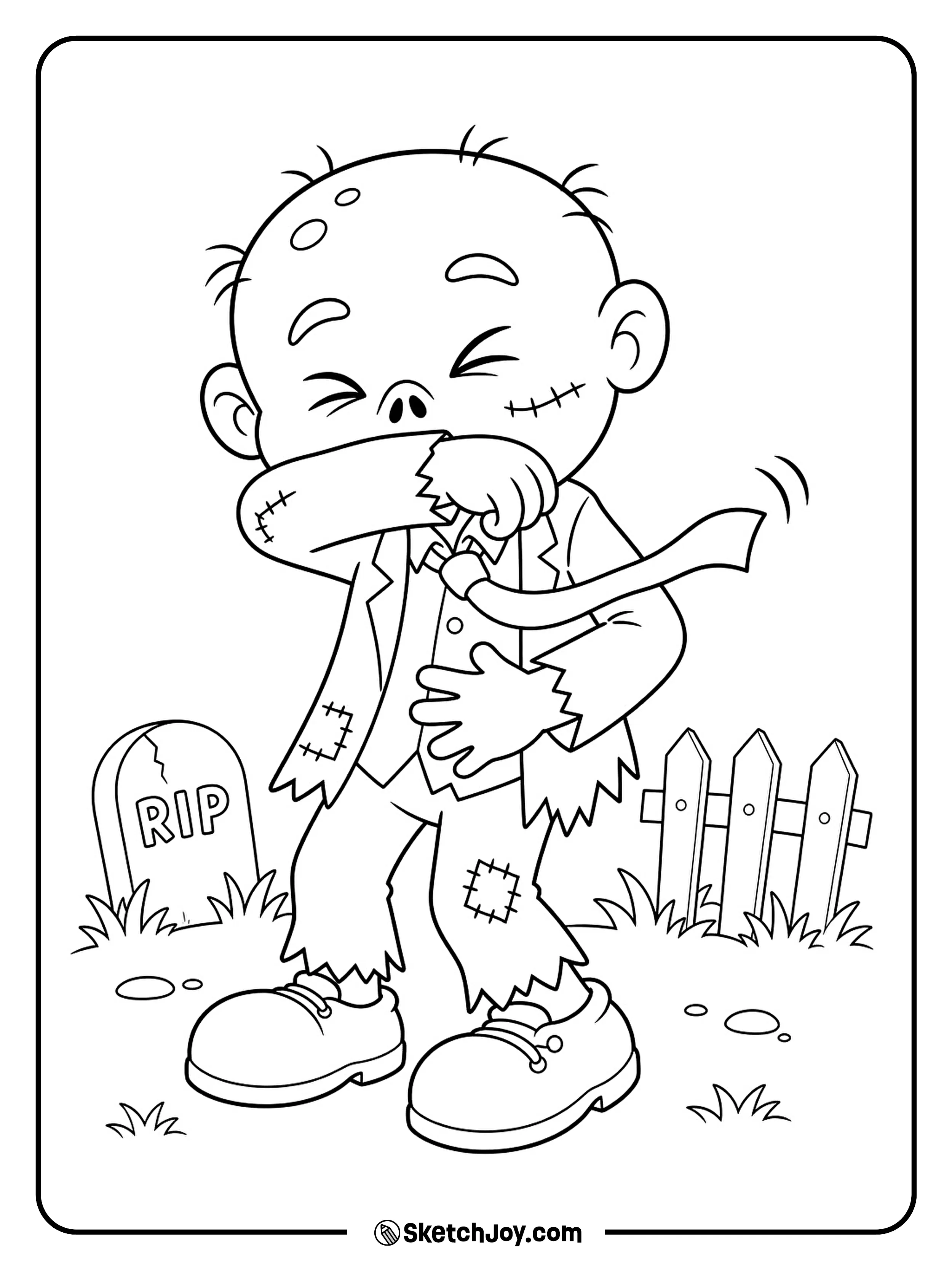 A surprised zombie sneezes into its elbow as its loose tie swings sideways.