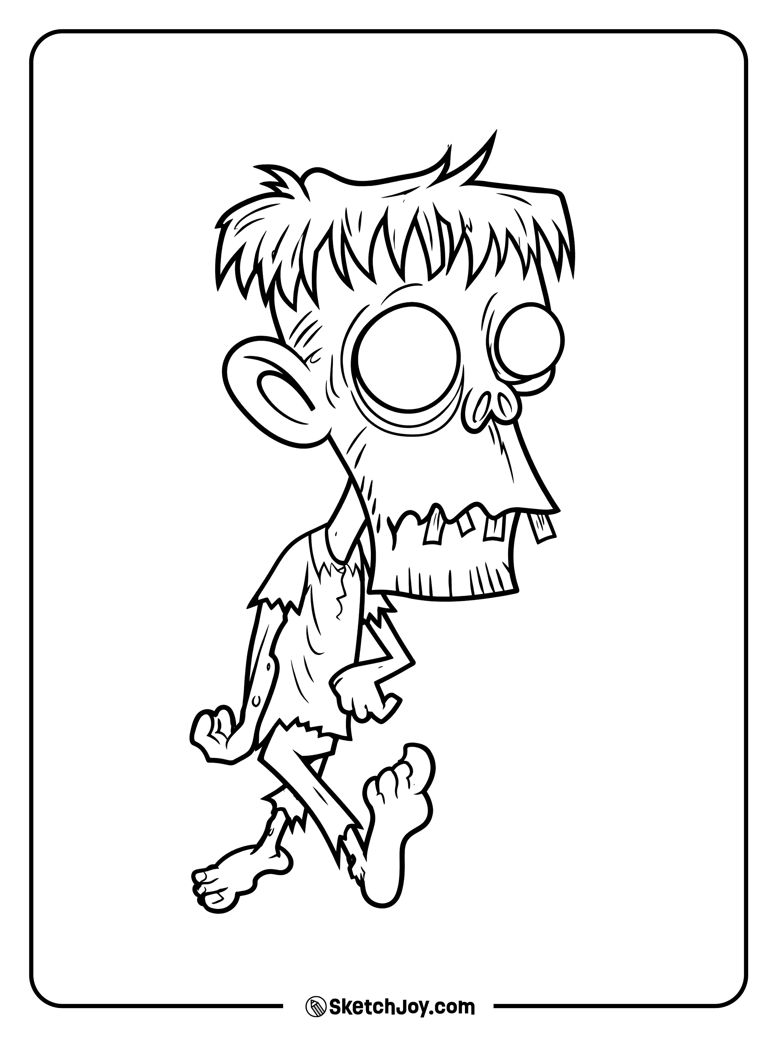 A thin zombie takes a slow step with long arms, bare feet, and a ragged shirt.