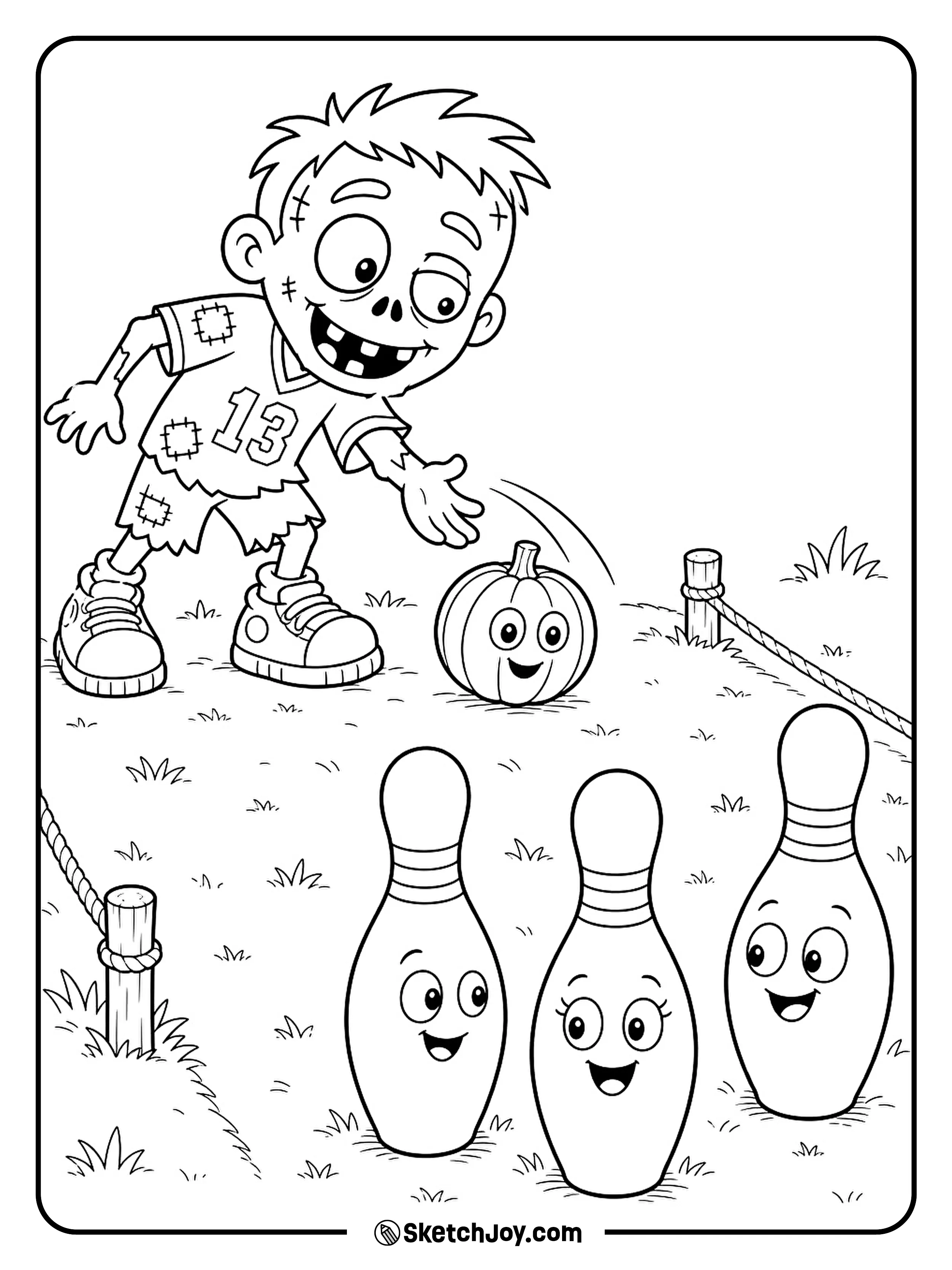 A zombie rolls a small pumpkin toward three pins on a grassy lane.