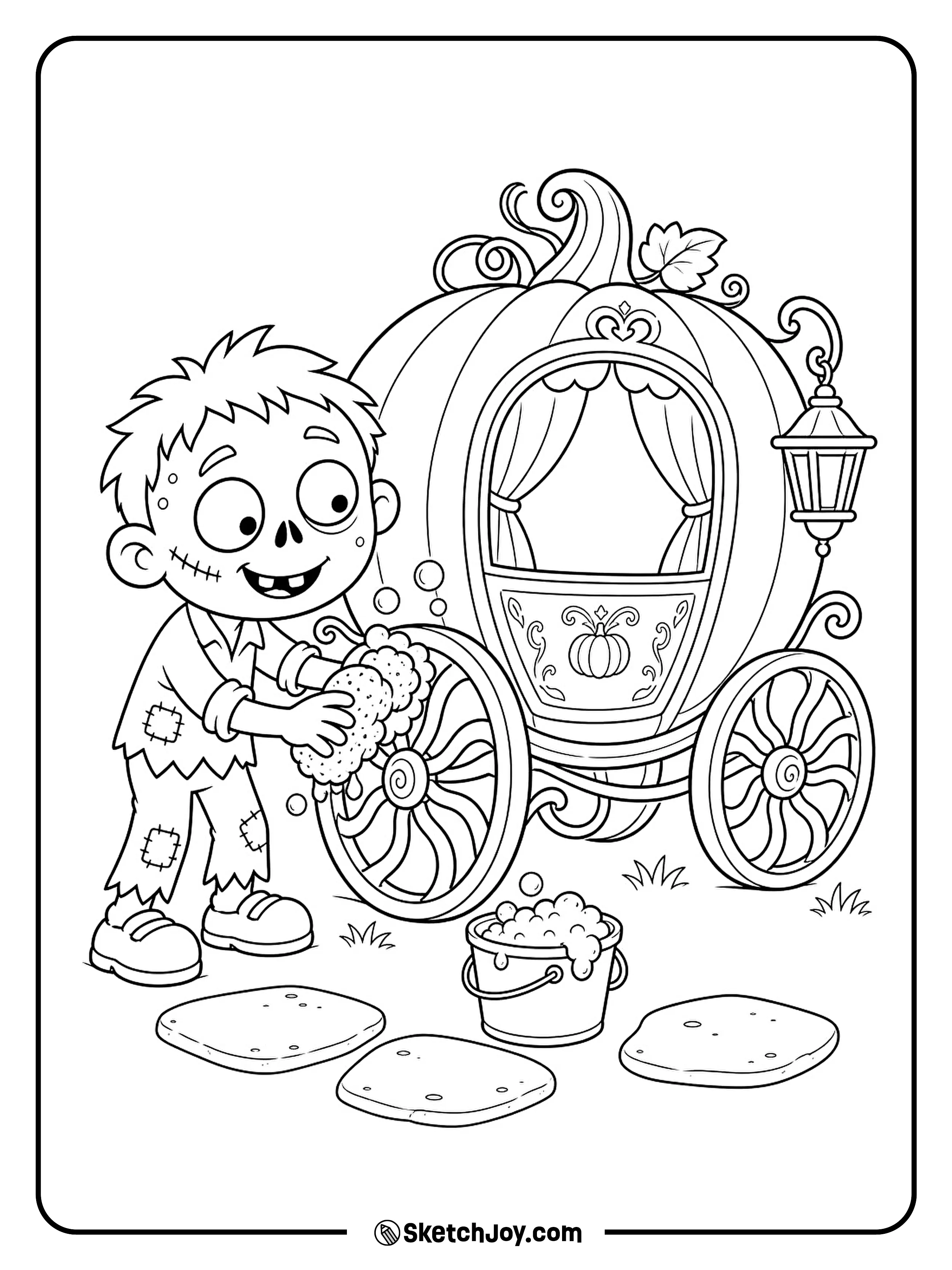 A zombie scrubs a carriage wheel with a sponge beside a bucket of bubbles.