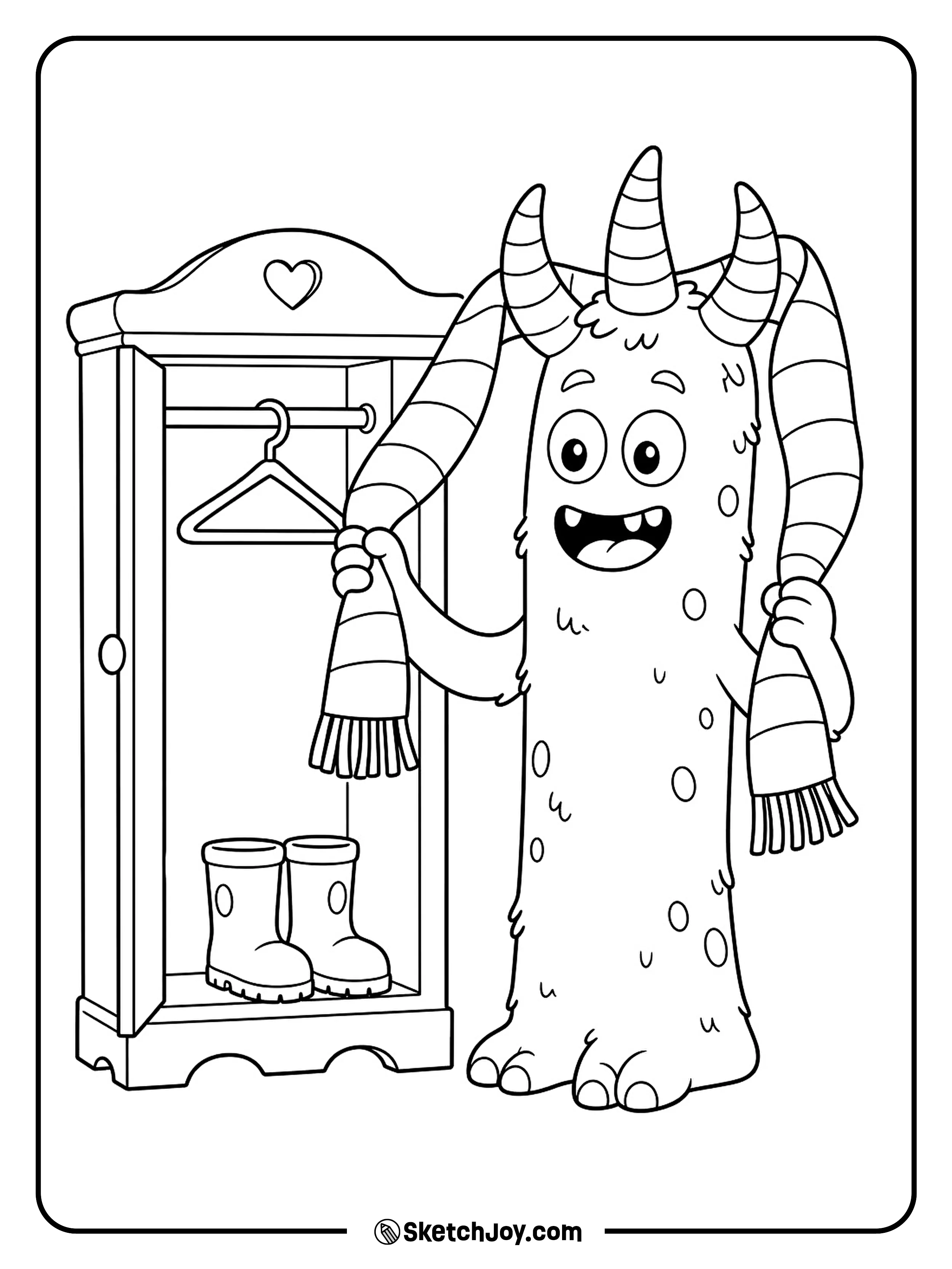 A tall monster unwinds a striped scarf that has caught on its horns.
