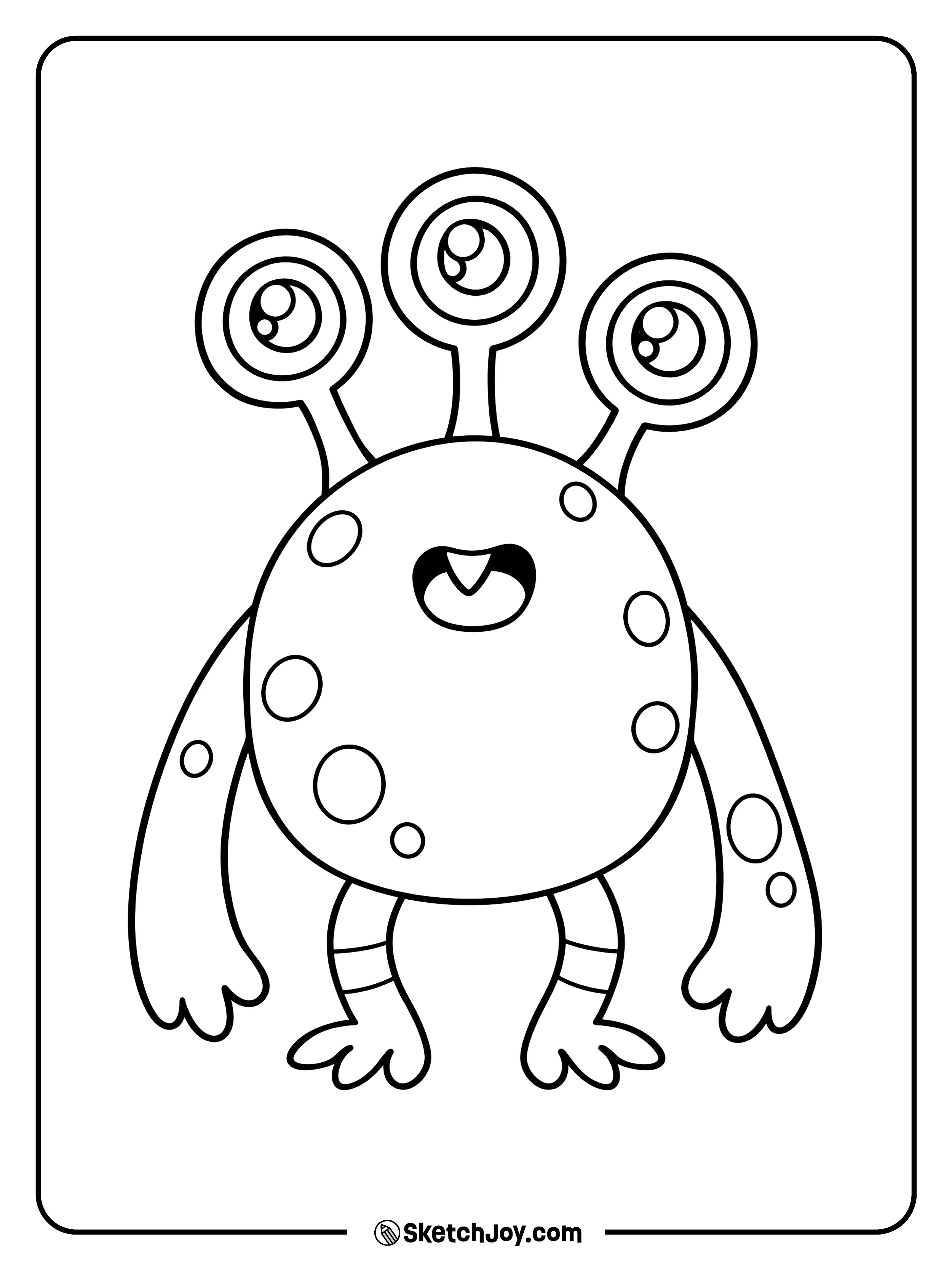 This round monster has three eyes on tall stalks, long arms, and one tiny tooth.