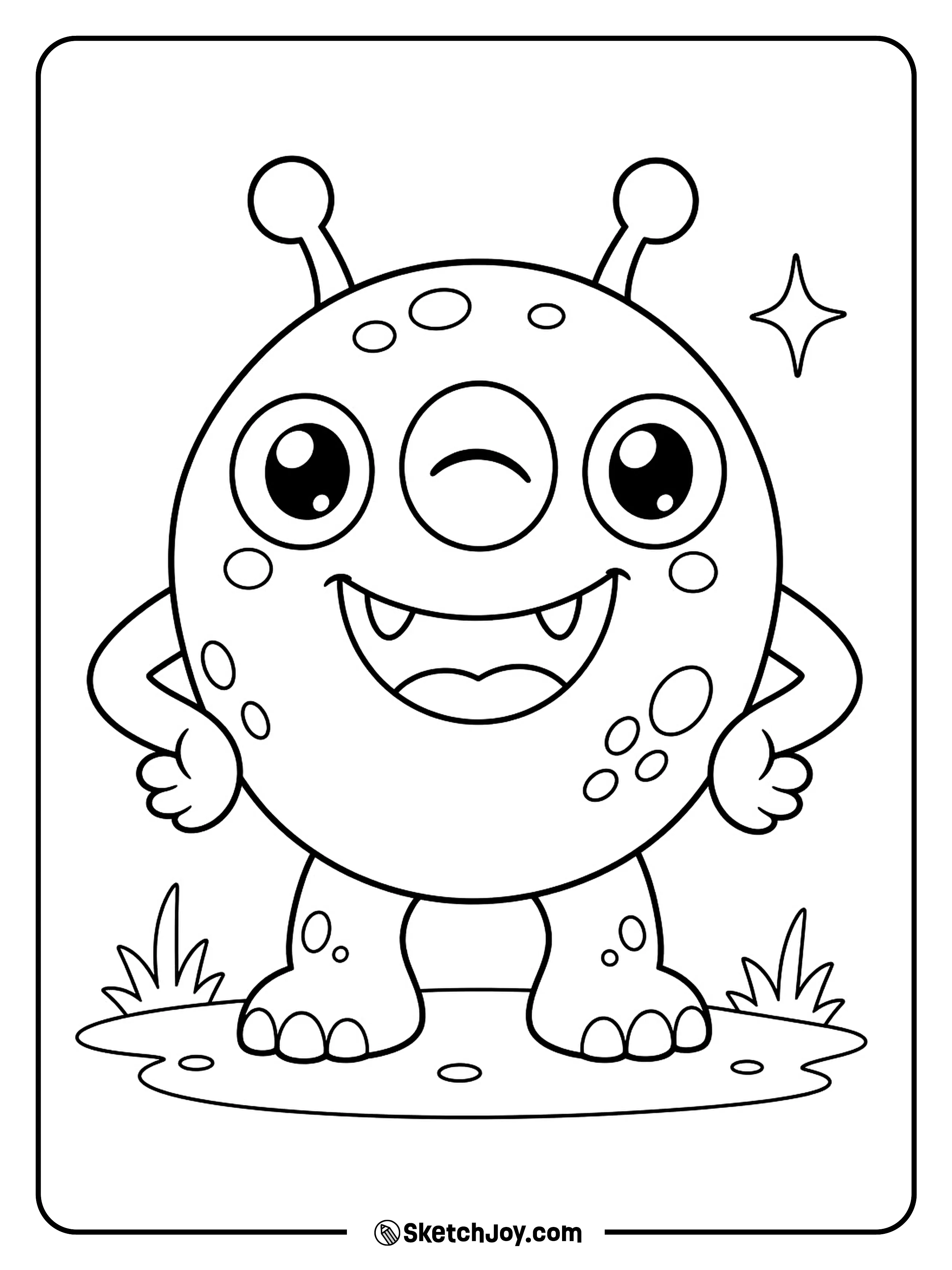 A round monster winks its middle eye while the other two stay wide.