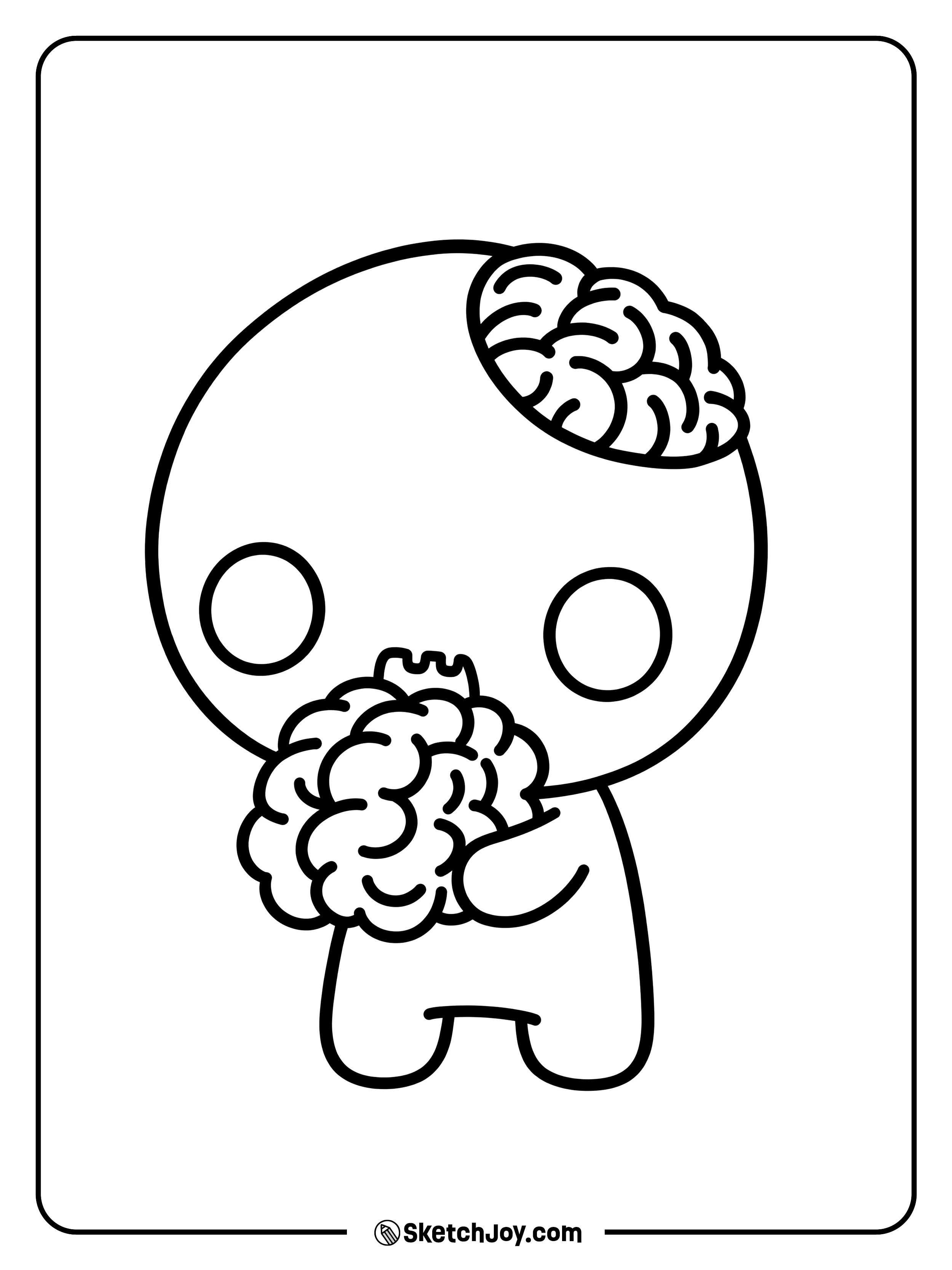 A tiny round zombie holds a large brain beneath a small opening in its head.