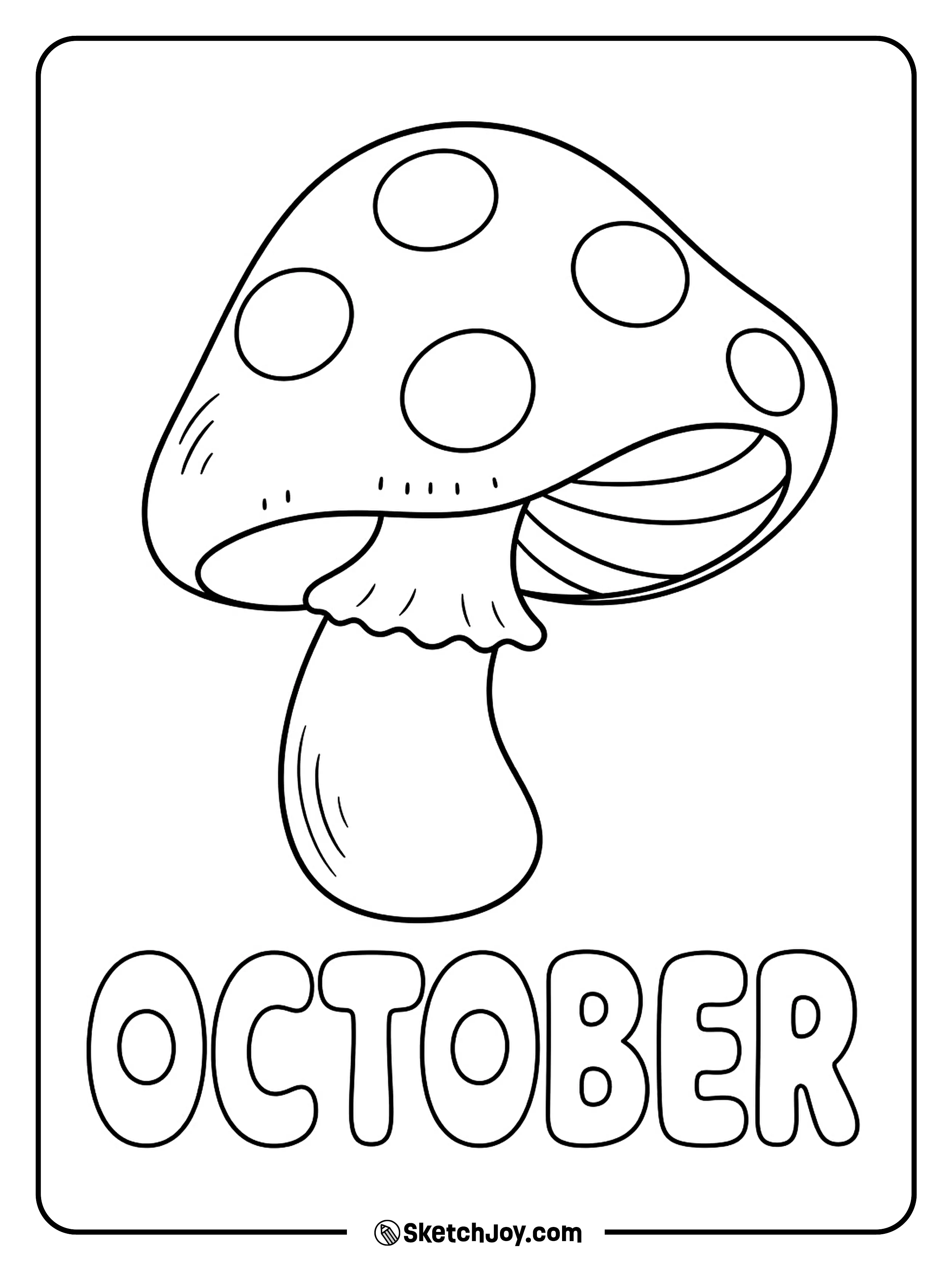 A round toadstool lifts one edge of its spotted cap above bouncy October letters.