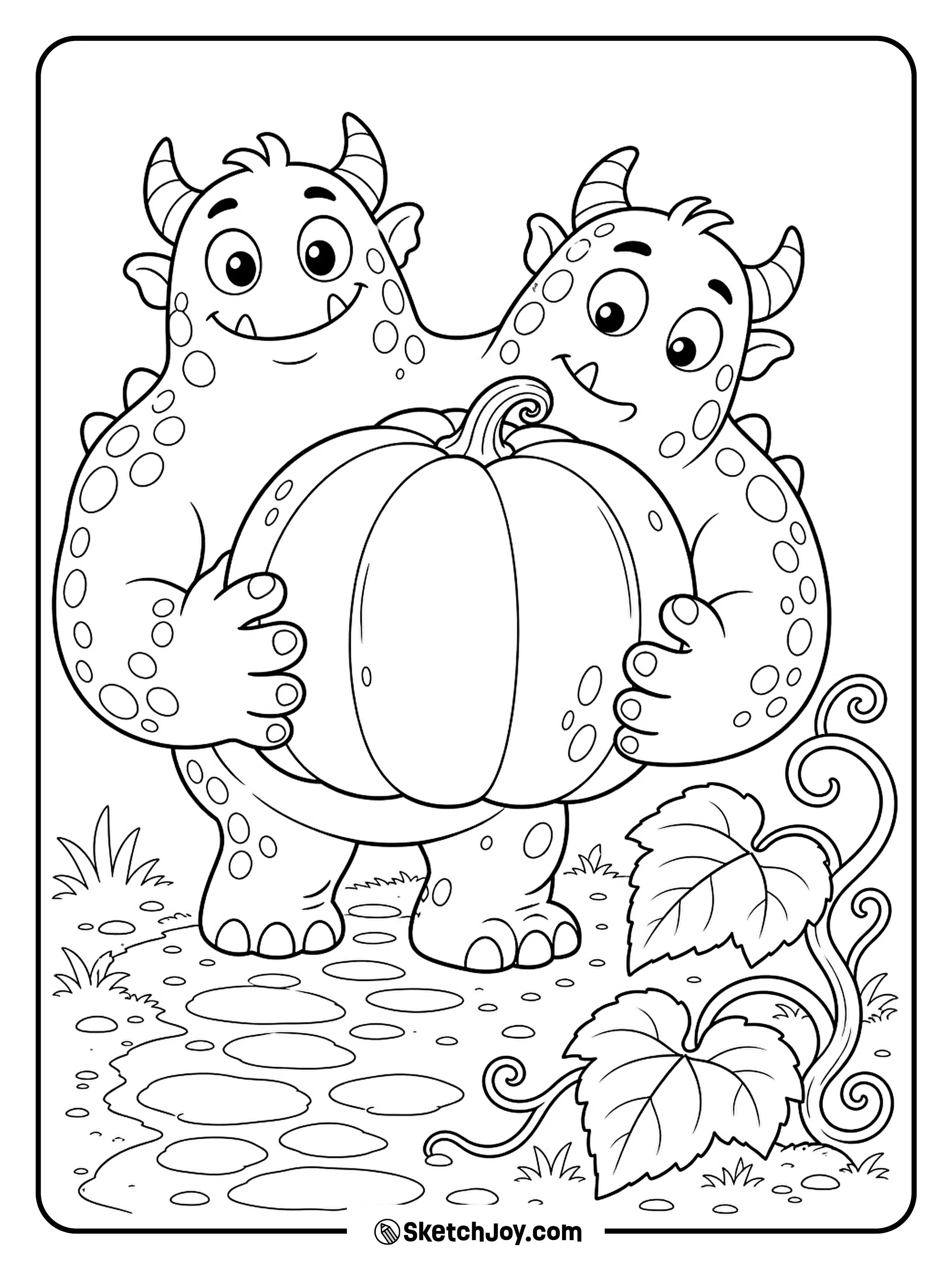 A two-headed monster carries a huge pumpkin out of the patch.