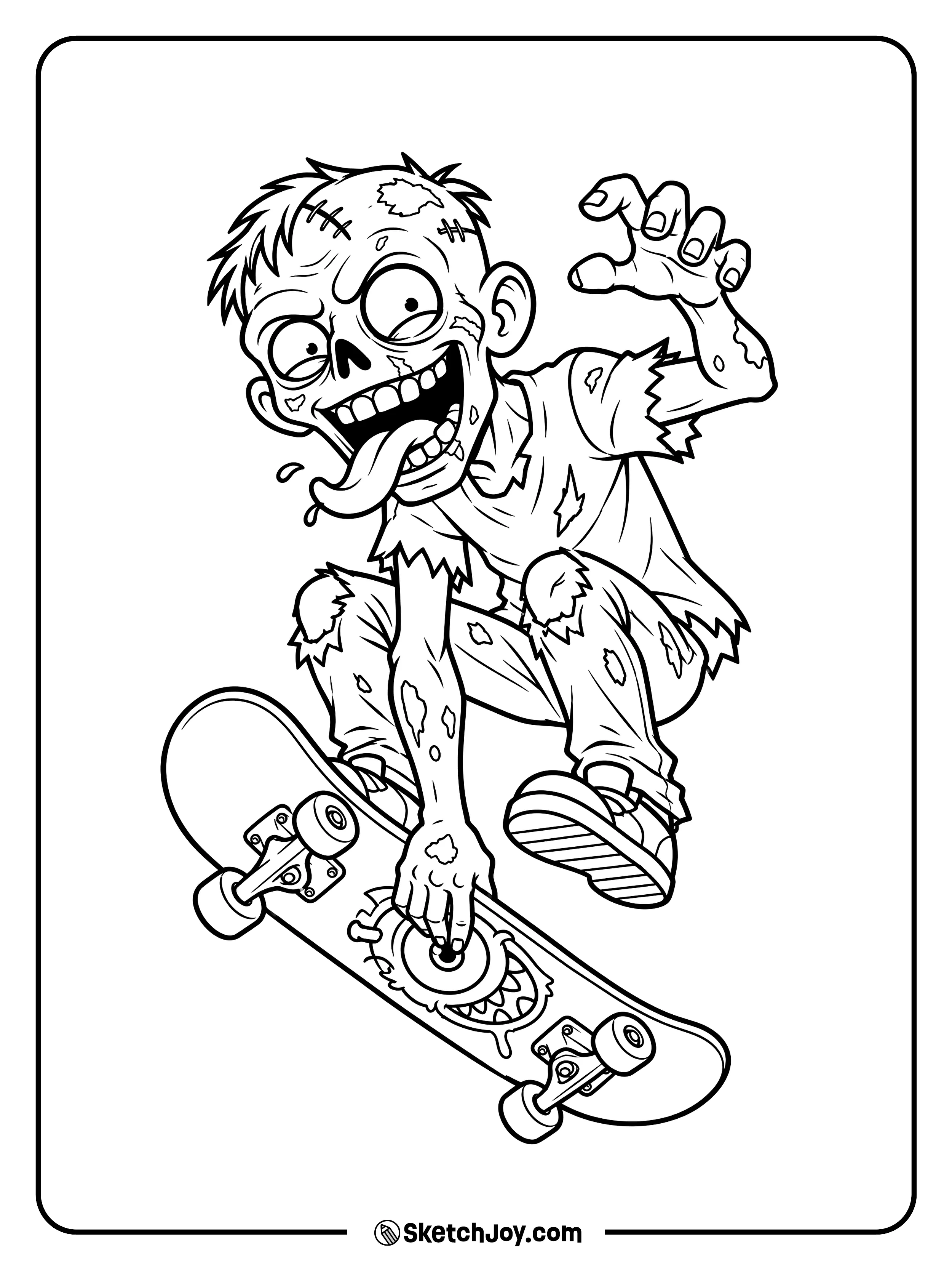 A wild-eyed zombie crouches over a skateboard with one hand gripping the deck.