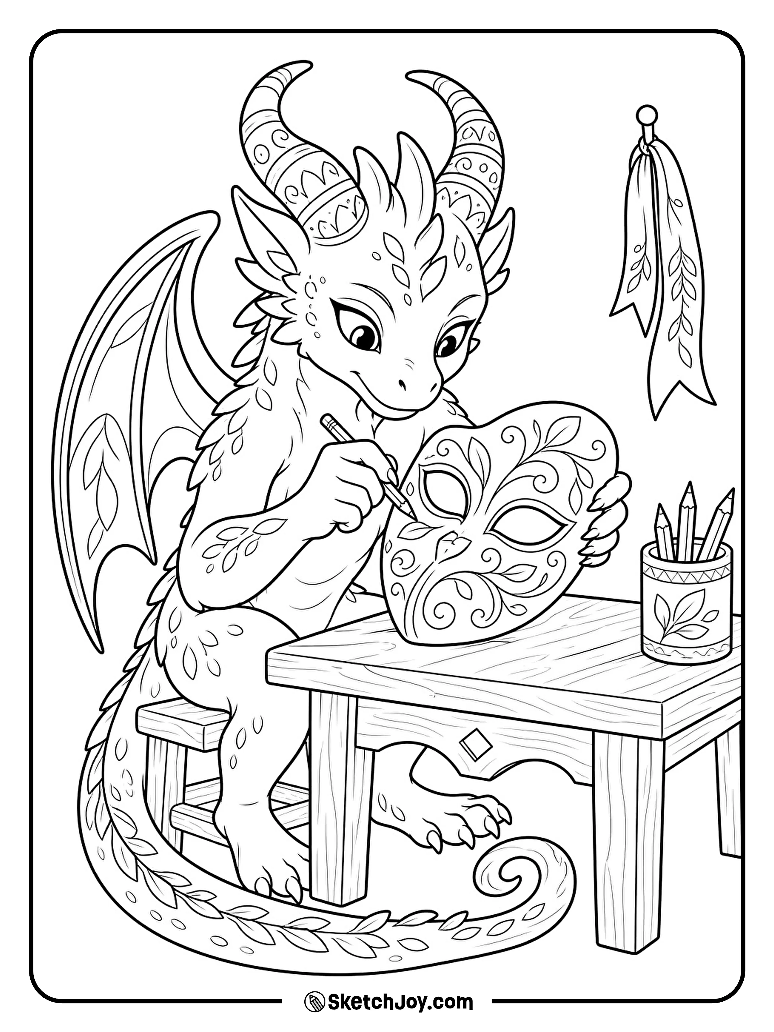 A winged monster adds curling leaf shapes to a mask at its workbench.