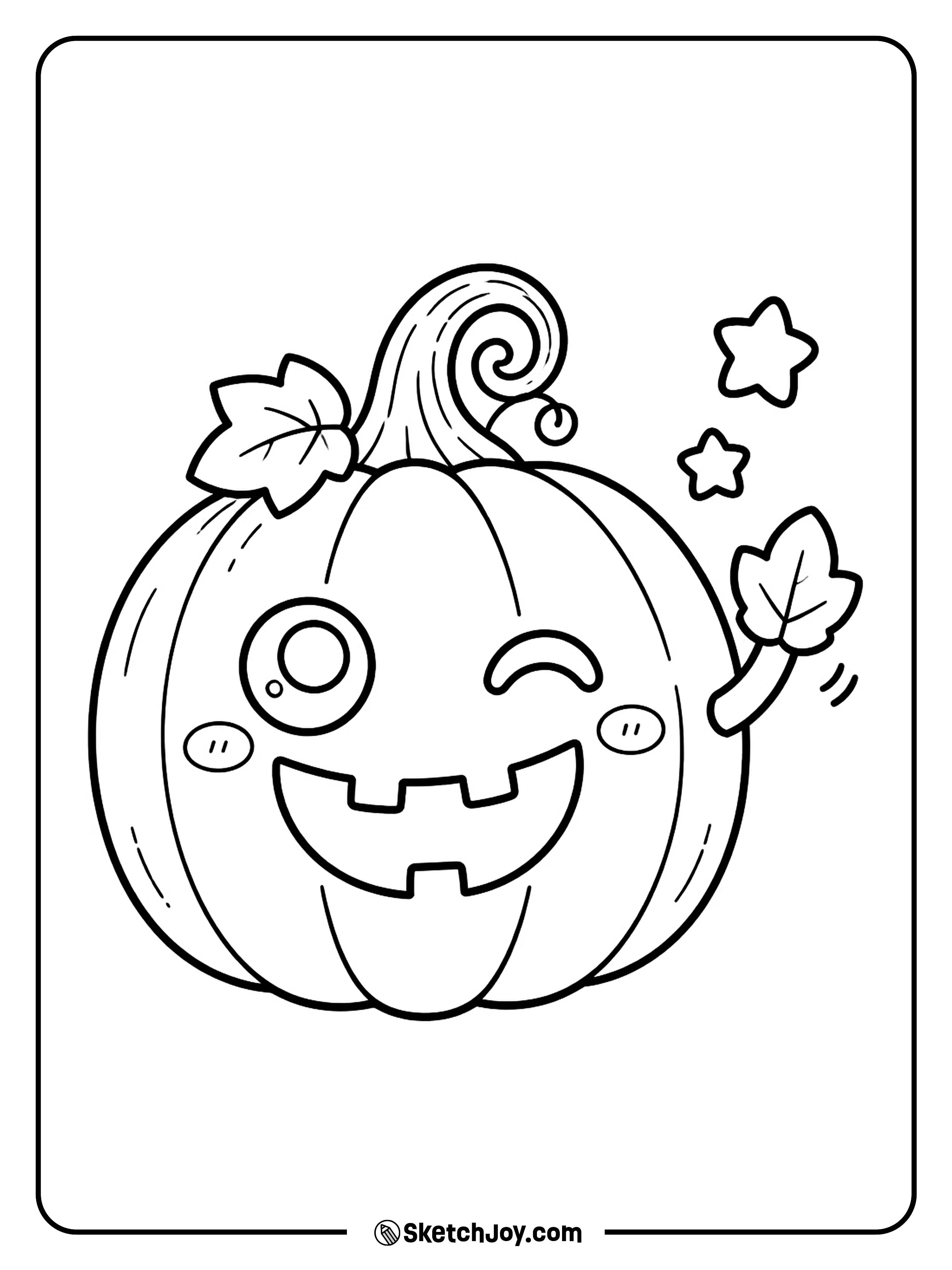 A cheerful pumpkin waves a leaf hand and gives a playful wink.