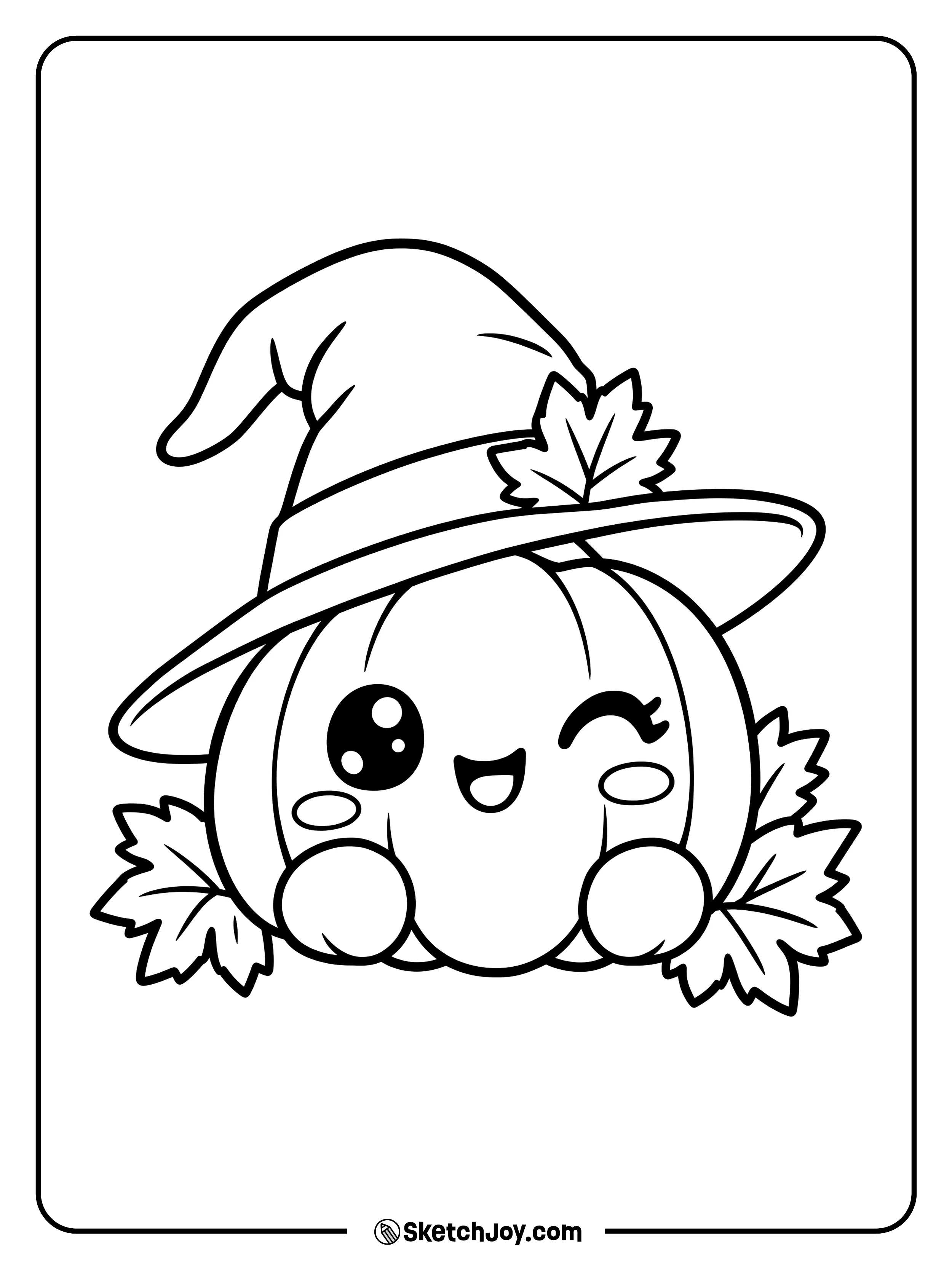 A winking pumpkin wears a floppy witch hat trimmed with a fall leaf.