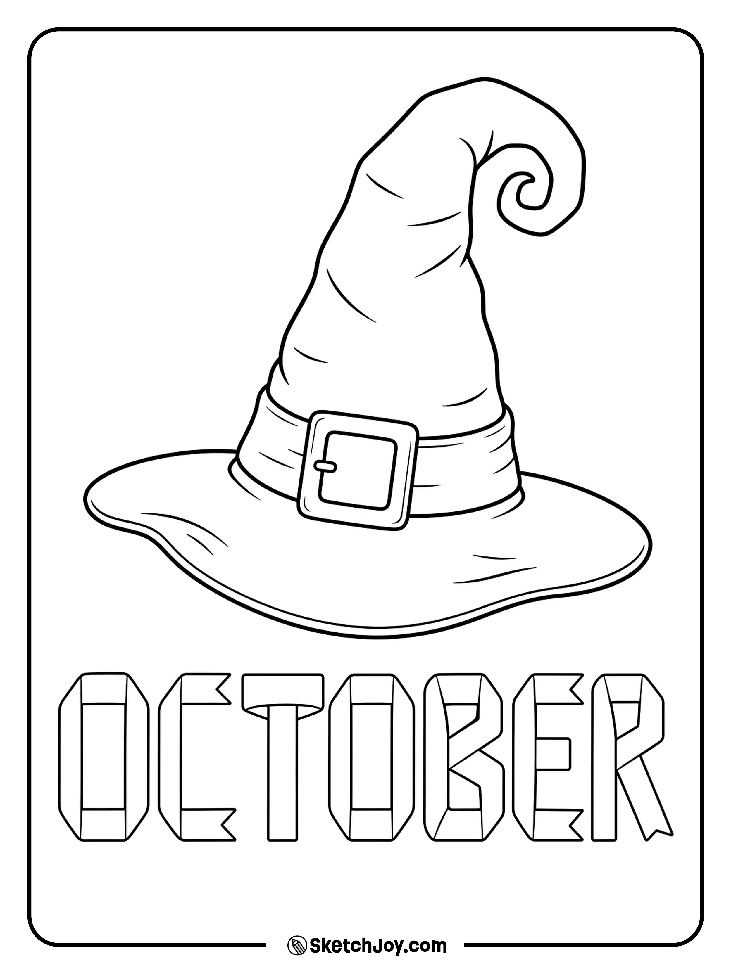 A tall witch hat bends into a curl above letters with wide ribbon folds.