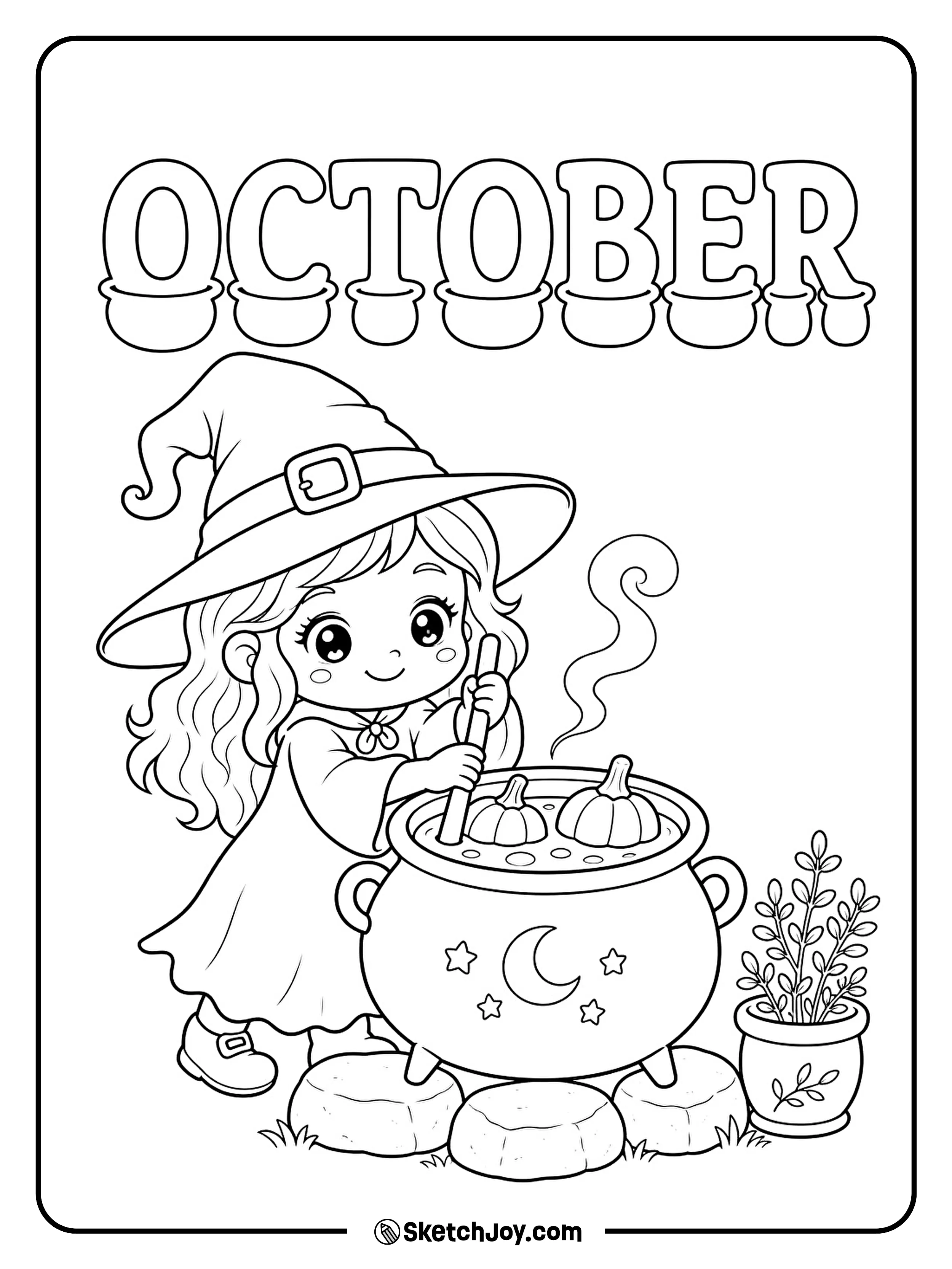 A cheerful witch stirs pumpkin soup in a round pot beside a small herb plant.