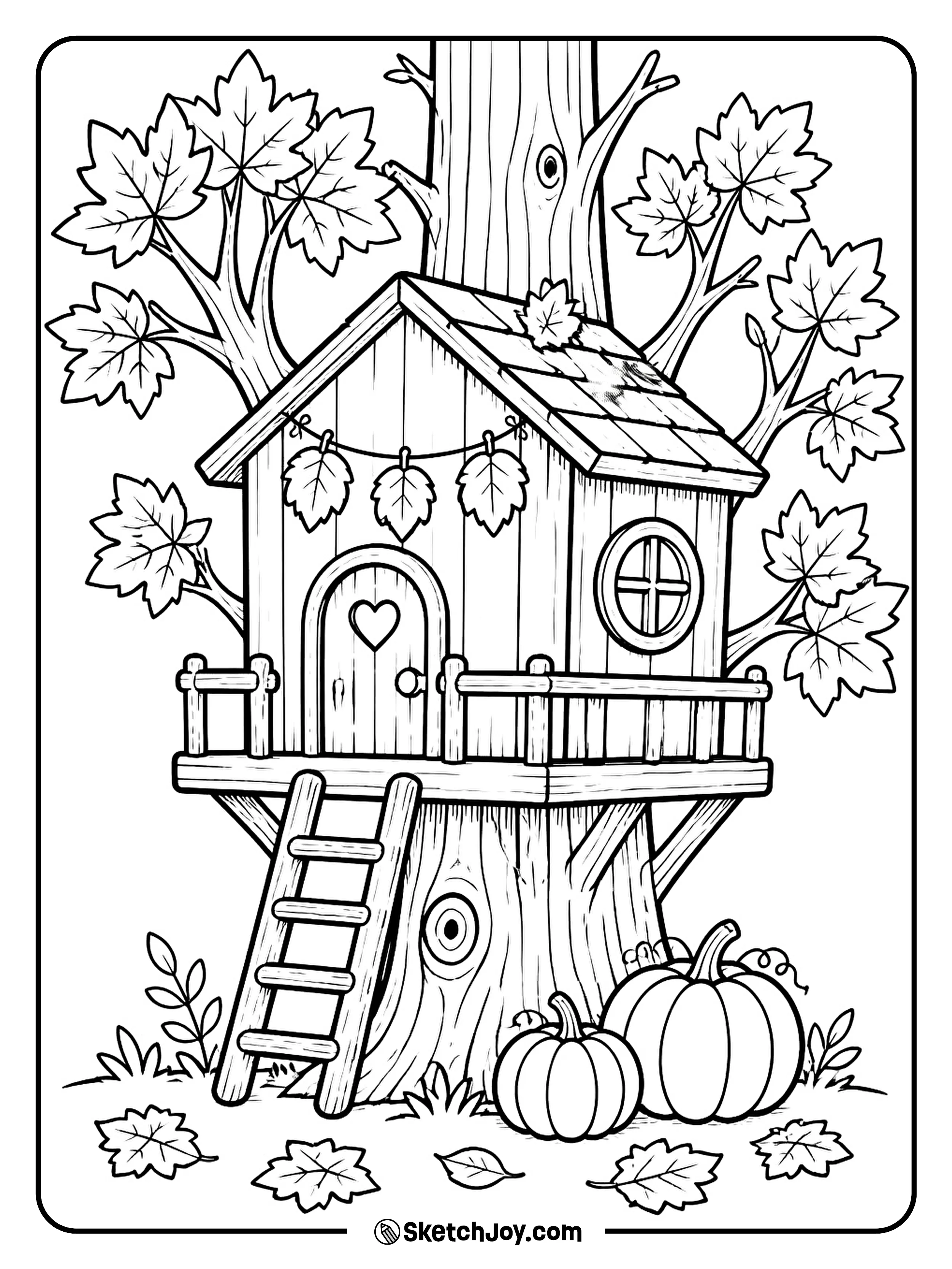 A tiny treehouse sits among branches with pumpkins and leaves below.
