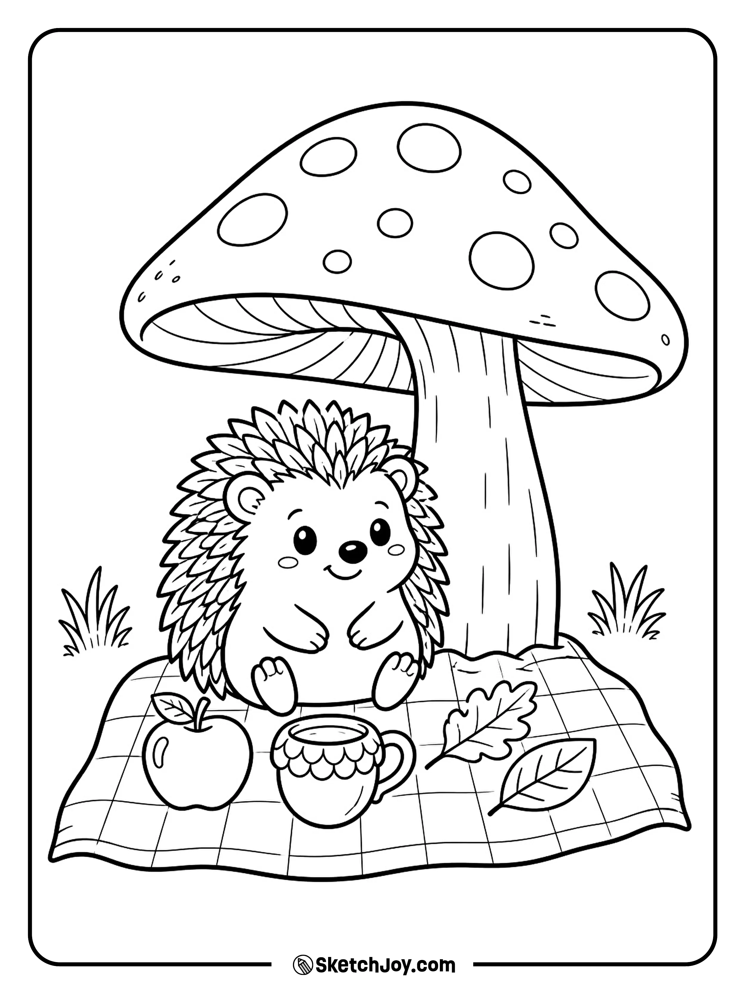 A little hedgehog enjoys a snack beneath a tall mushroom.