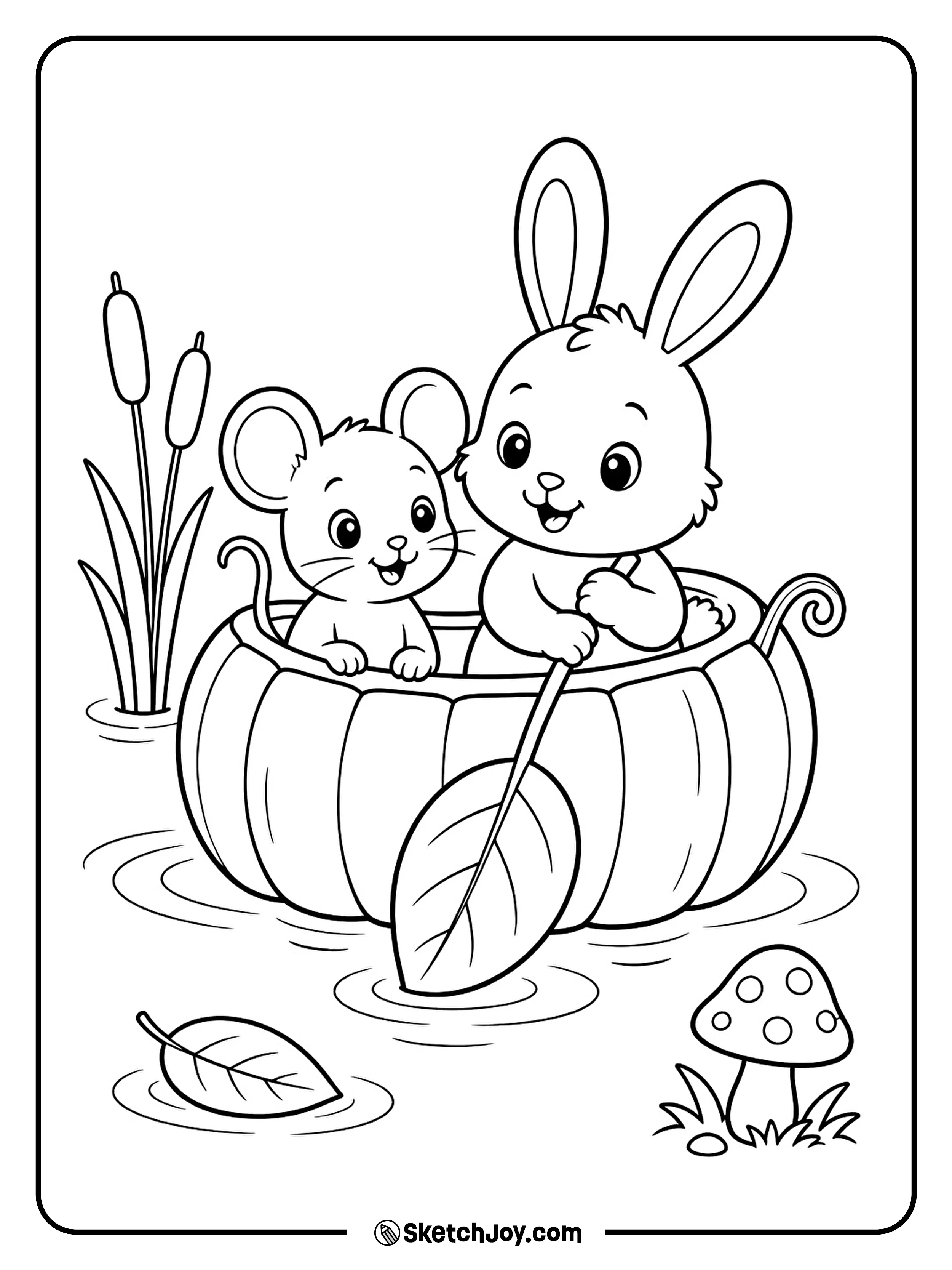 Two tiny woodland friends sail across a pond inside a hollow pumpkin.