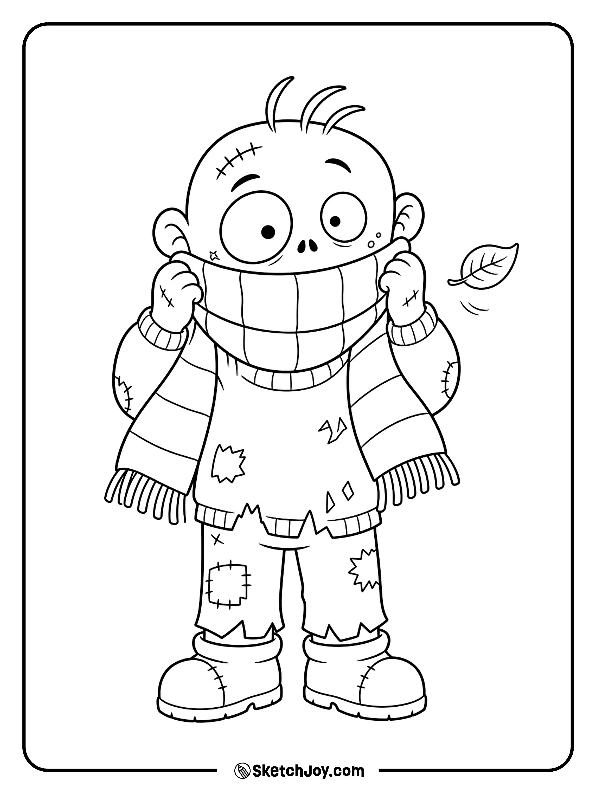 A small zombie pulls a wide scarf up over its chin.