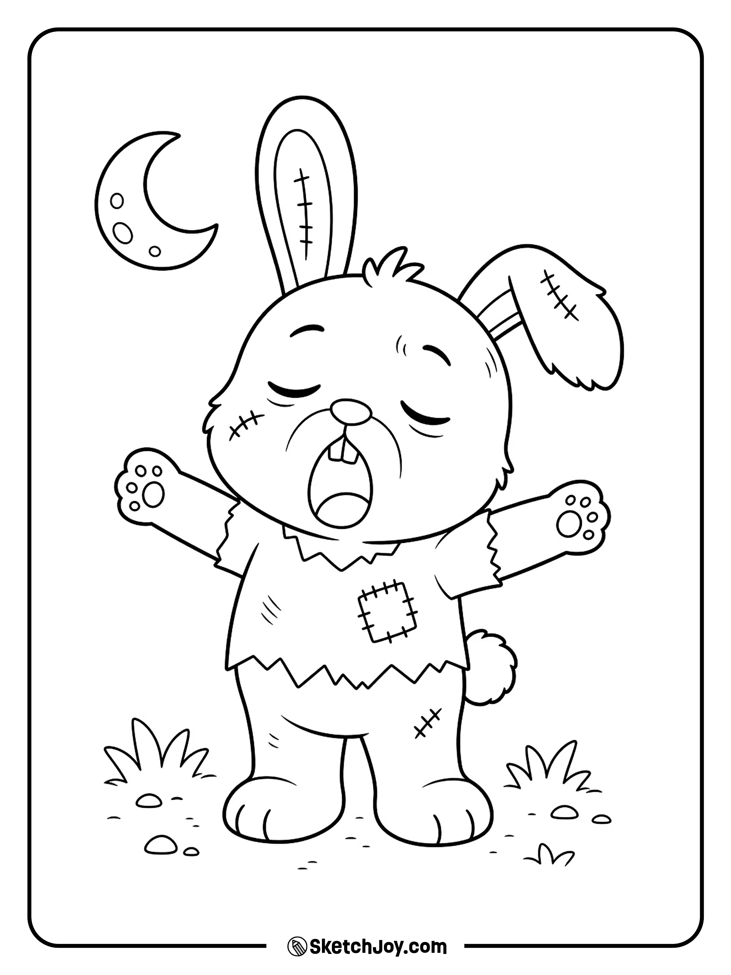 A floppy-eared zombie bunny stretches its little arms and lets out a wide yawn.