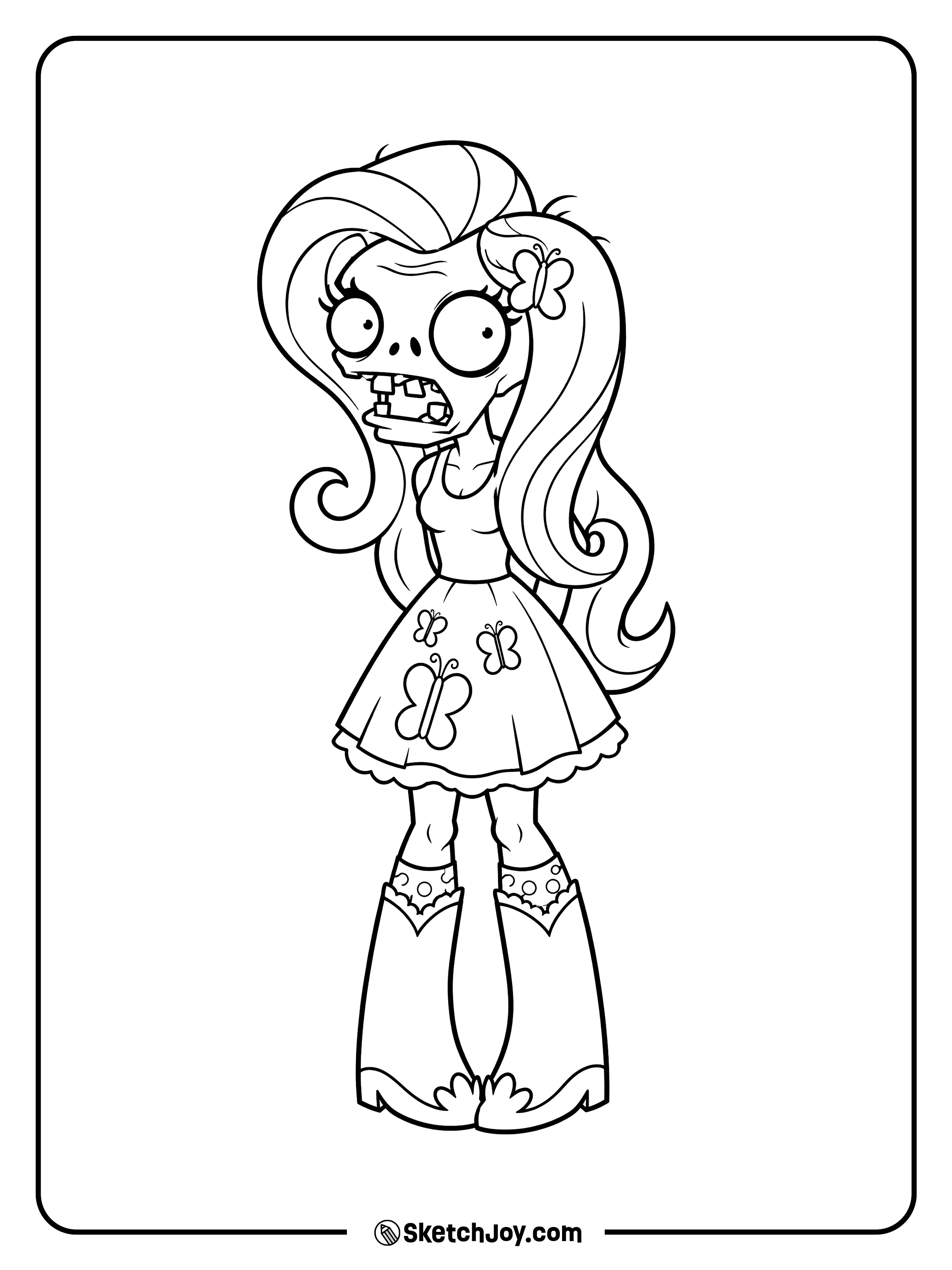 Fluttershy wears a butterfly dress and matching hair clip as her long curls flow around her.