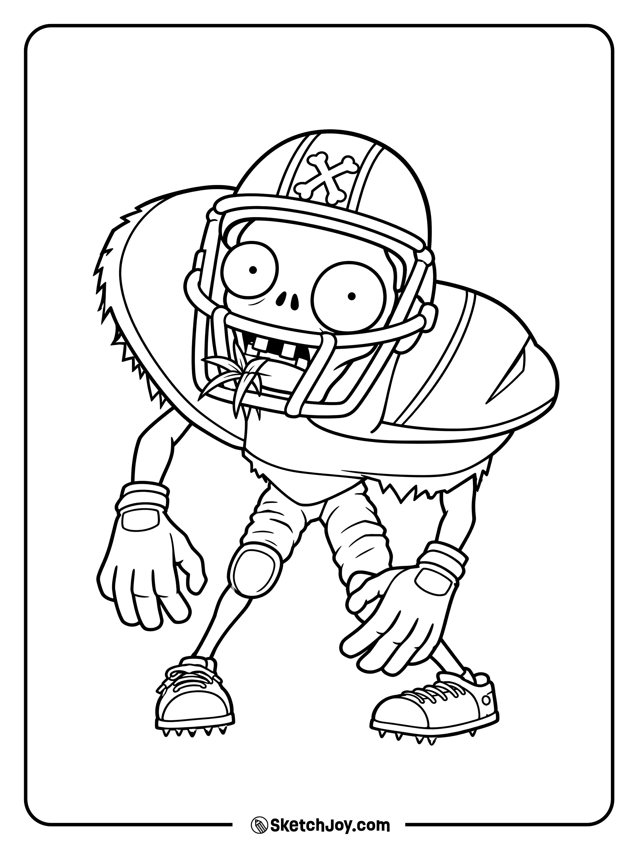 A crouching zombie football player wears a bone-marked helmet, shoulder pads, and cleats.