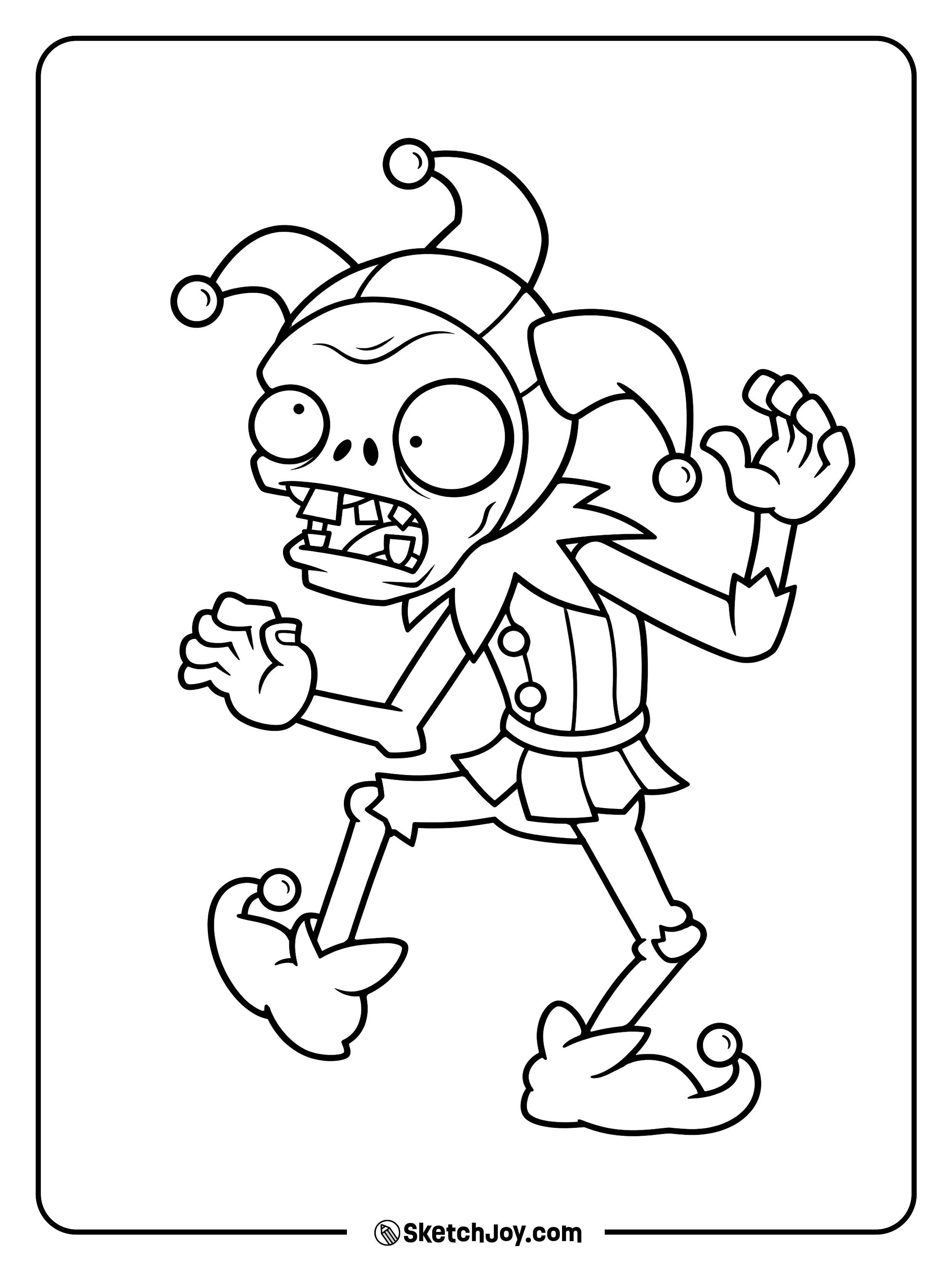 A wide-eyed zombie jester raises both hands while wearing a floppy hat and curled shoes.