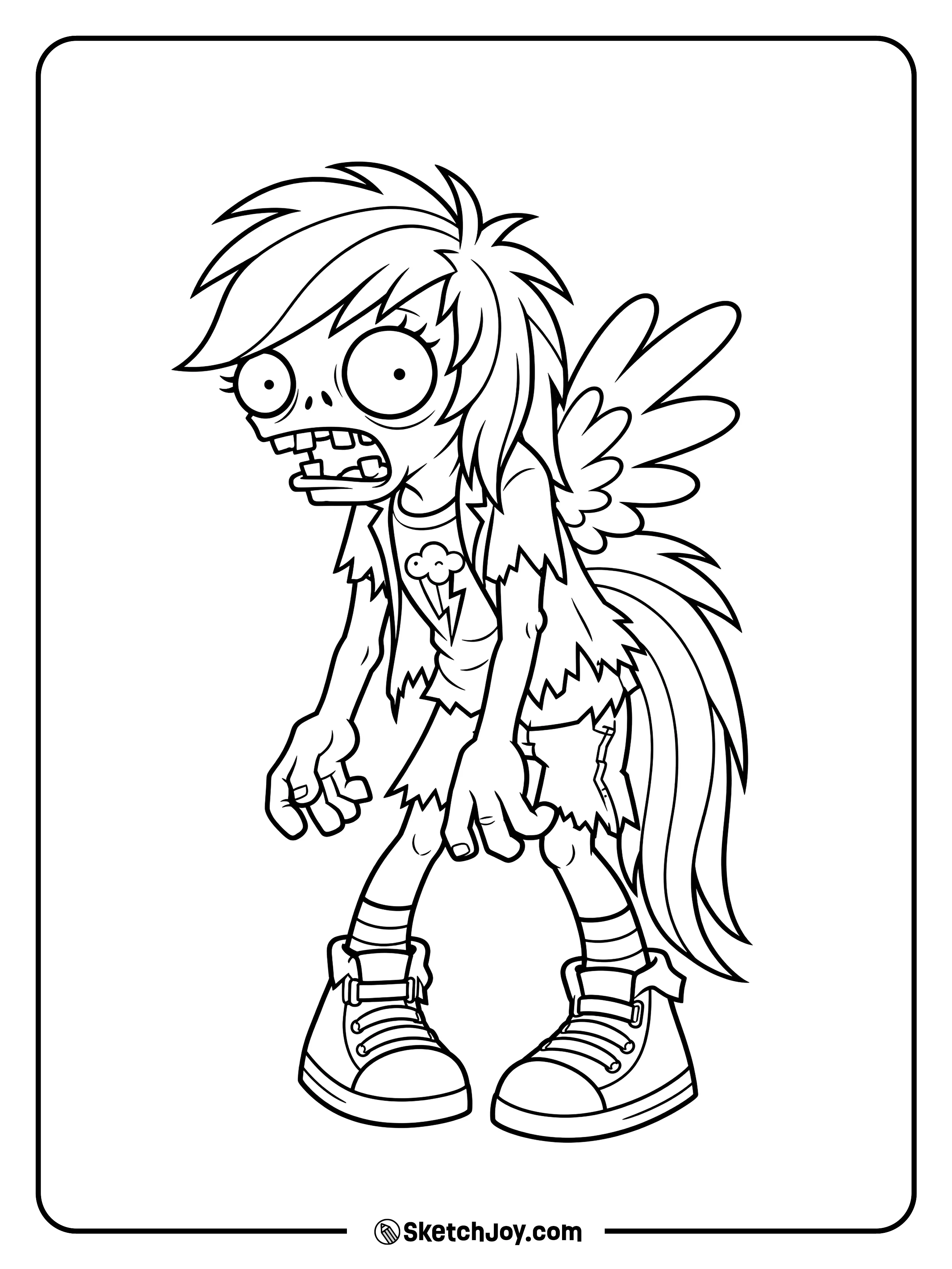 Rainbow Dash shows her wings, lightning-cloud shirt, long tail, and high-top shoes.
