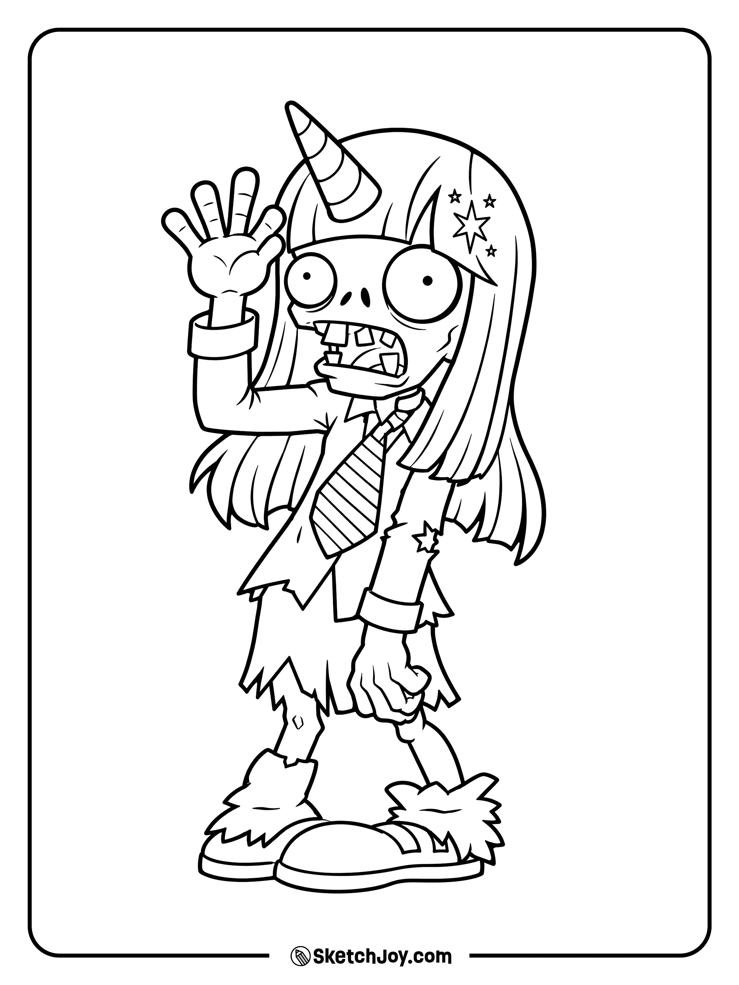 A horned zombie girl waves one hand with stars in her hair and a striped tie.
