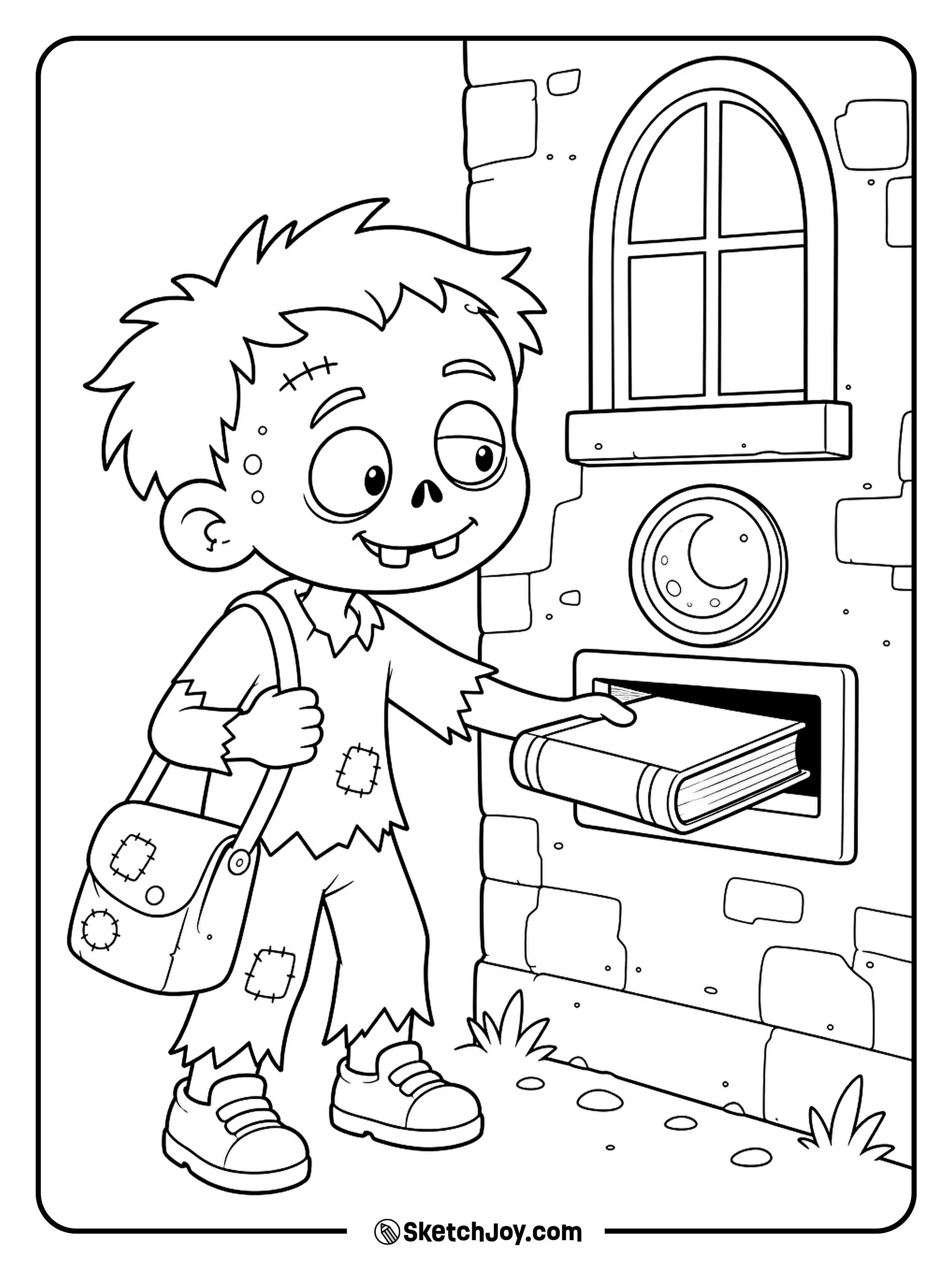 A little zombie slides a book into the return slot outside a library.