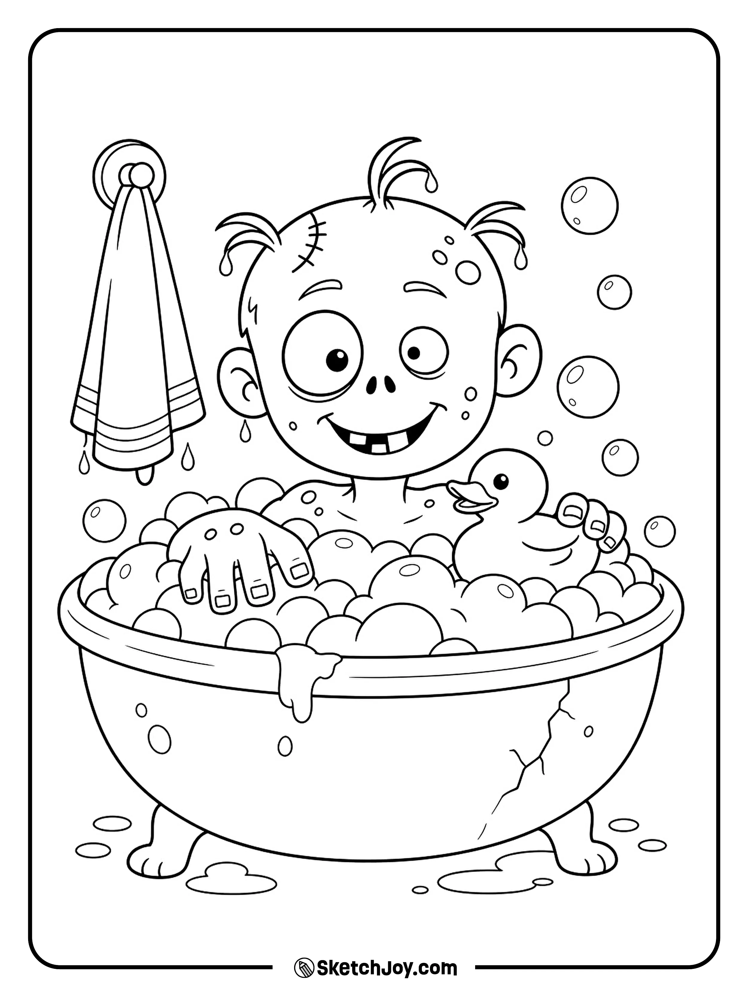 A happy zombie peeks over a round tub while a toy duck floats nearby.