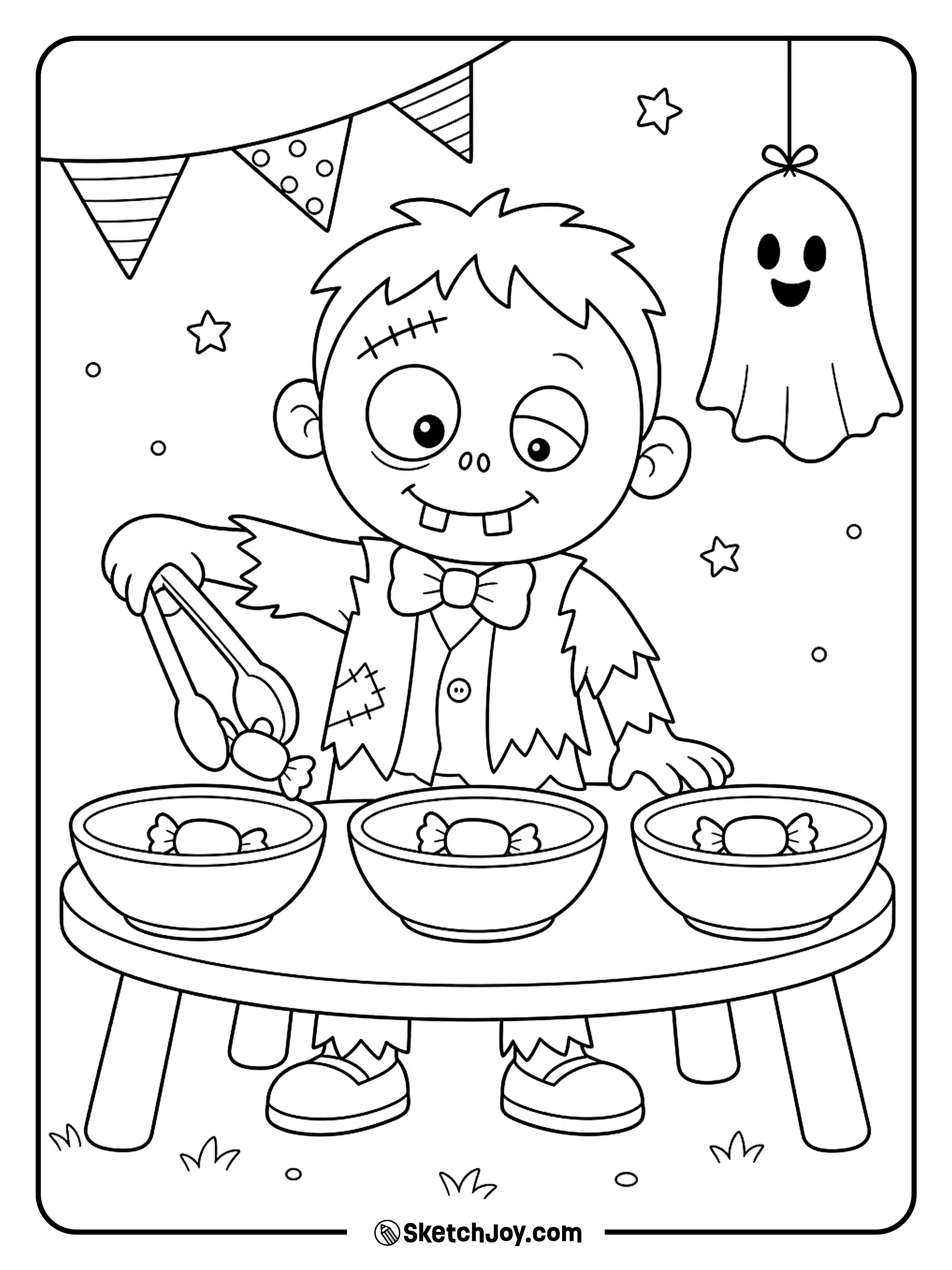 Using small tongs, a zombie sorts wrapped sweets into three bowls.