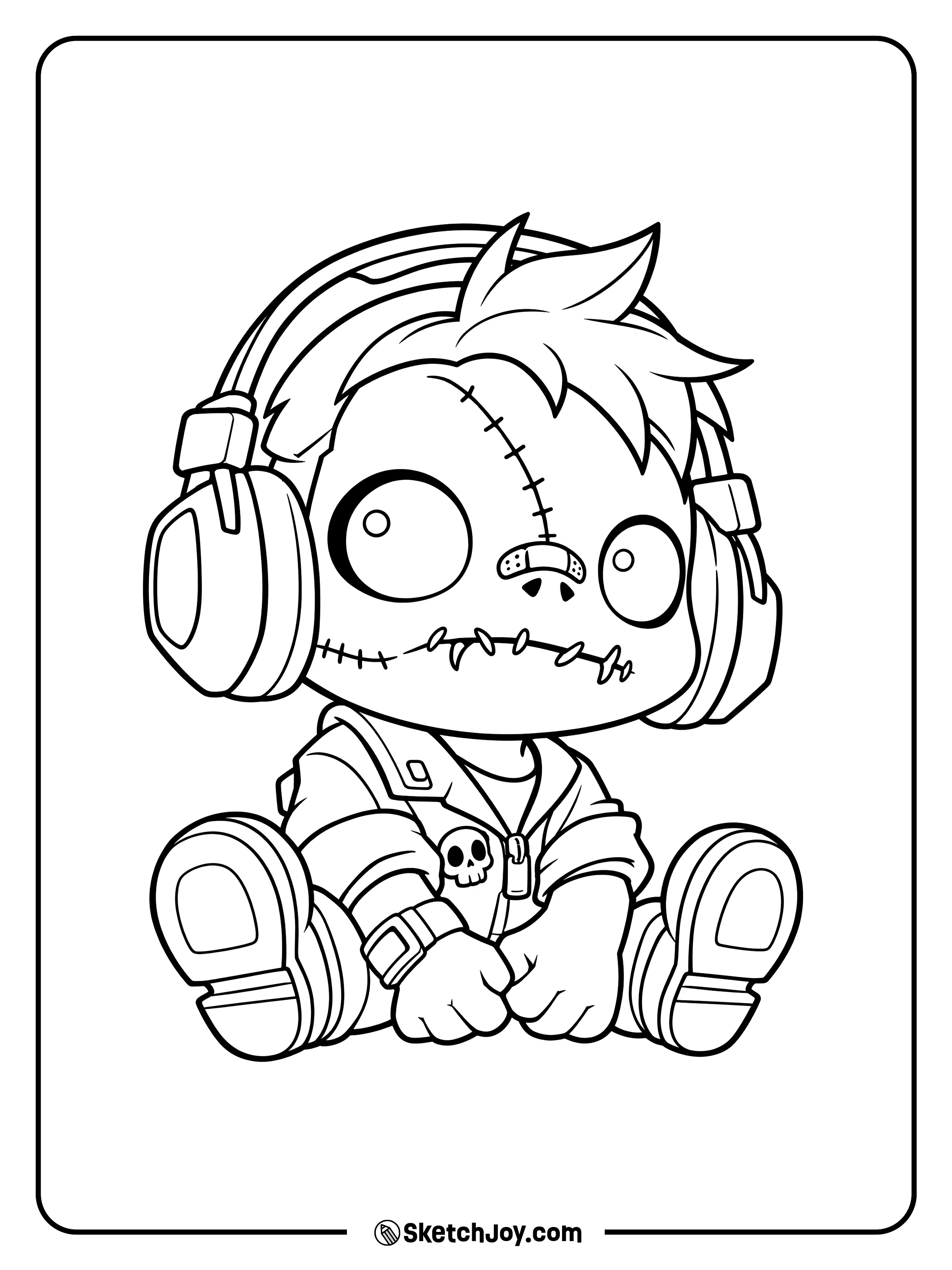 A seated zombie listens through large headphones while wearing a skull badge on his hoodie.
