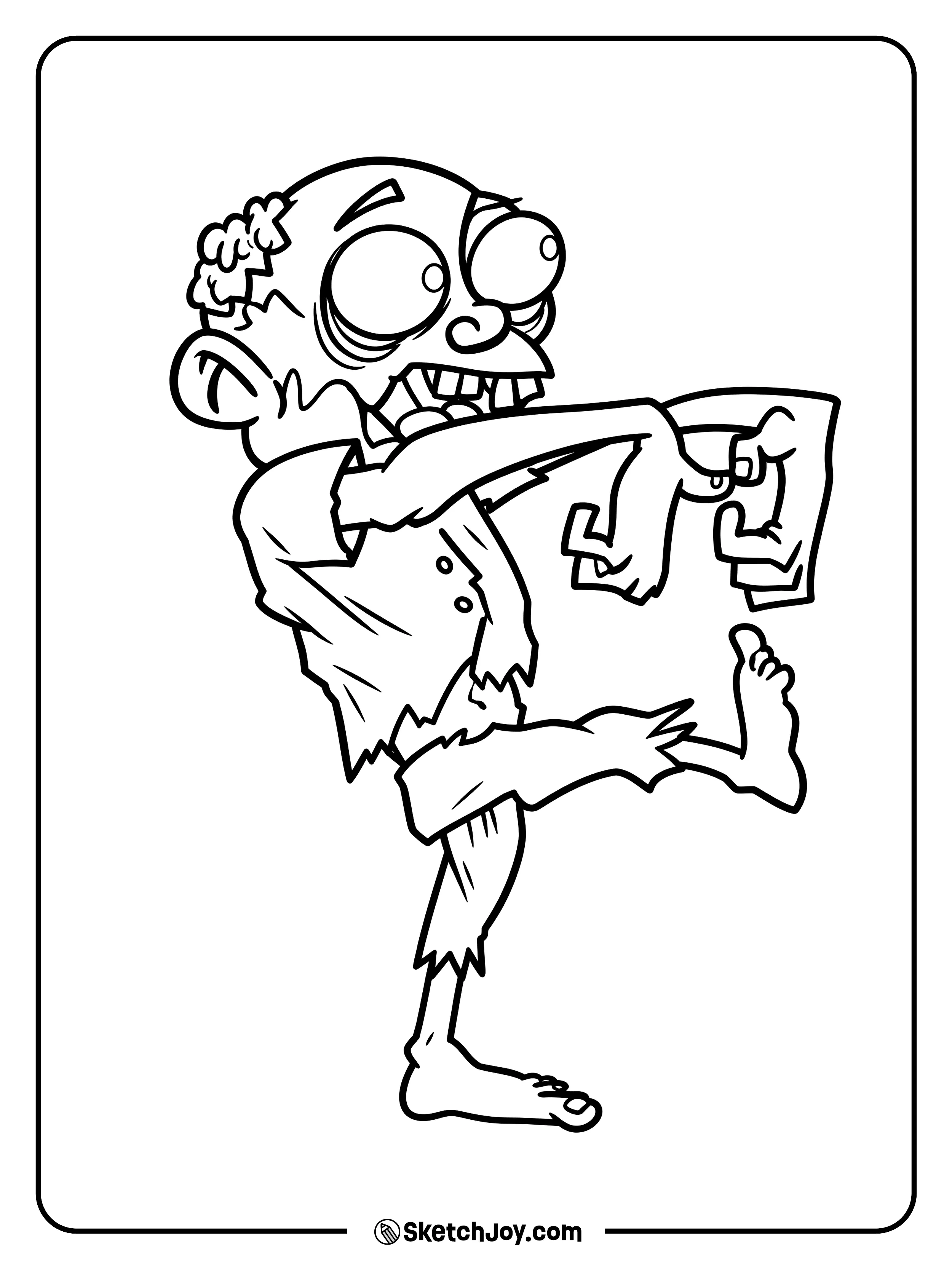A lively zombie lifts one bare foot high while dancing in a torn suit.
