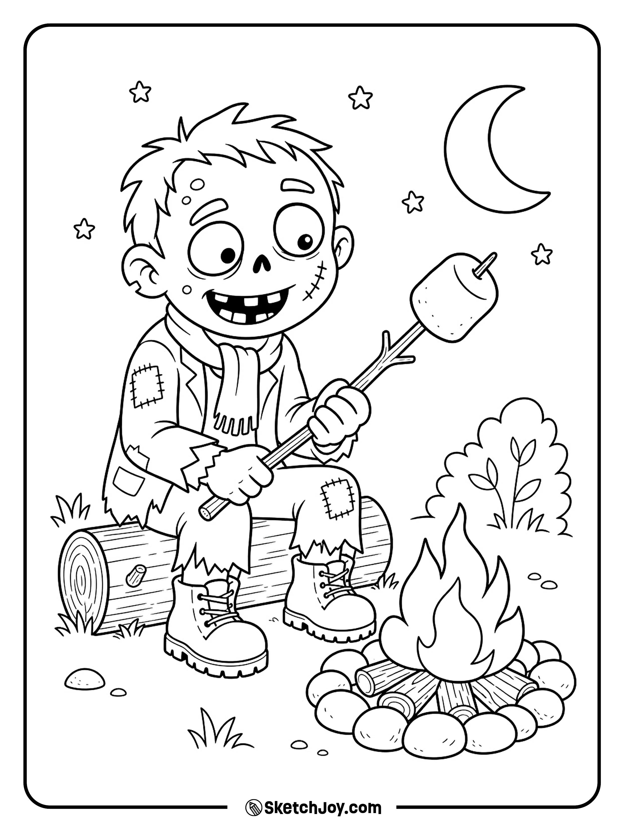 A little zombie holds a marshmallow over a small campfire beside a log.