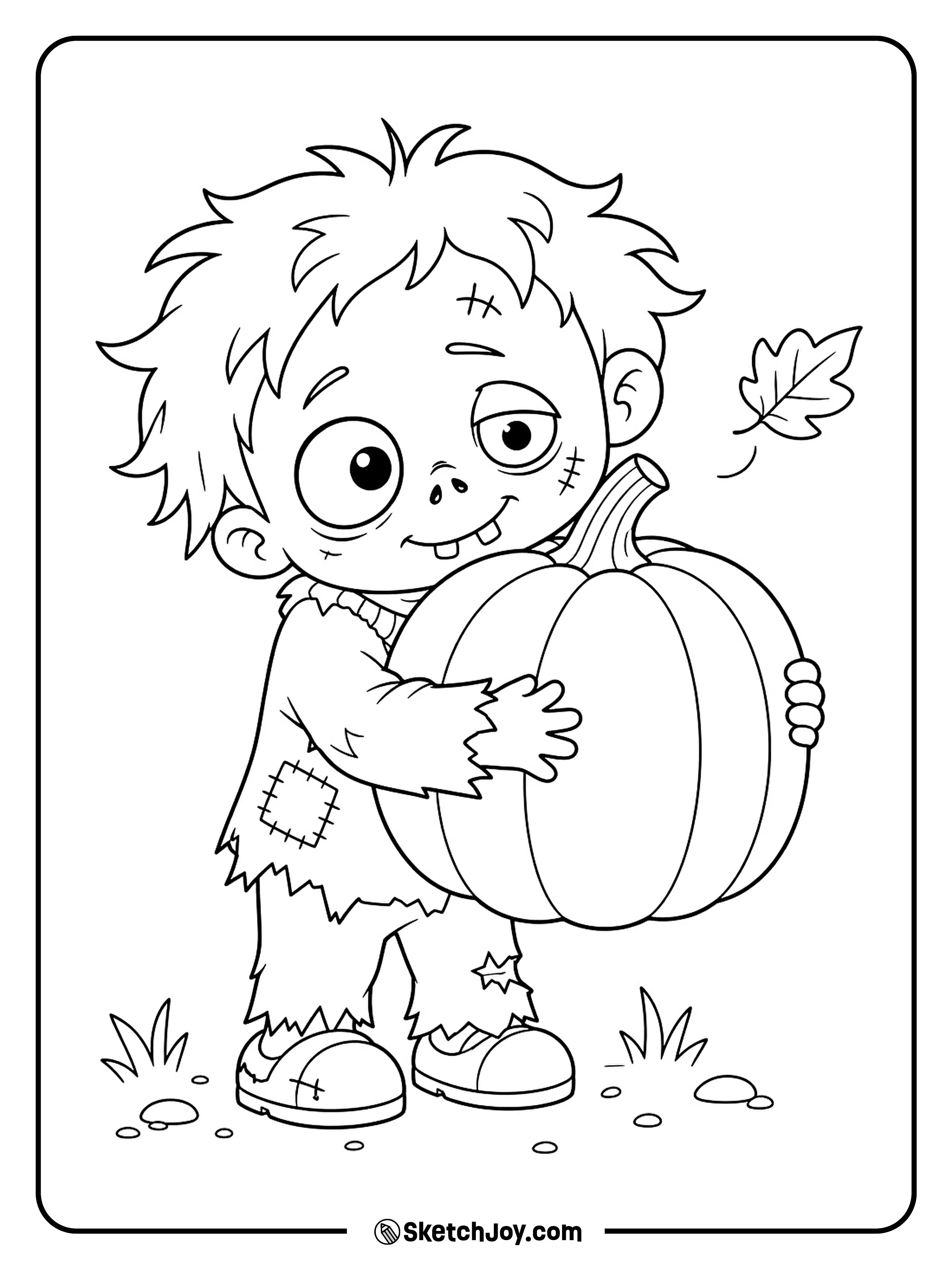 A smiling zombie squeezes a round pumpkin against its ragged sweater.