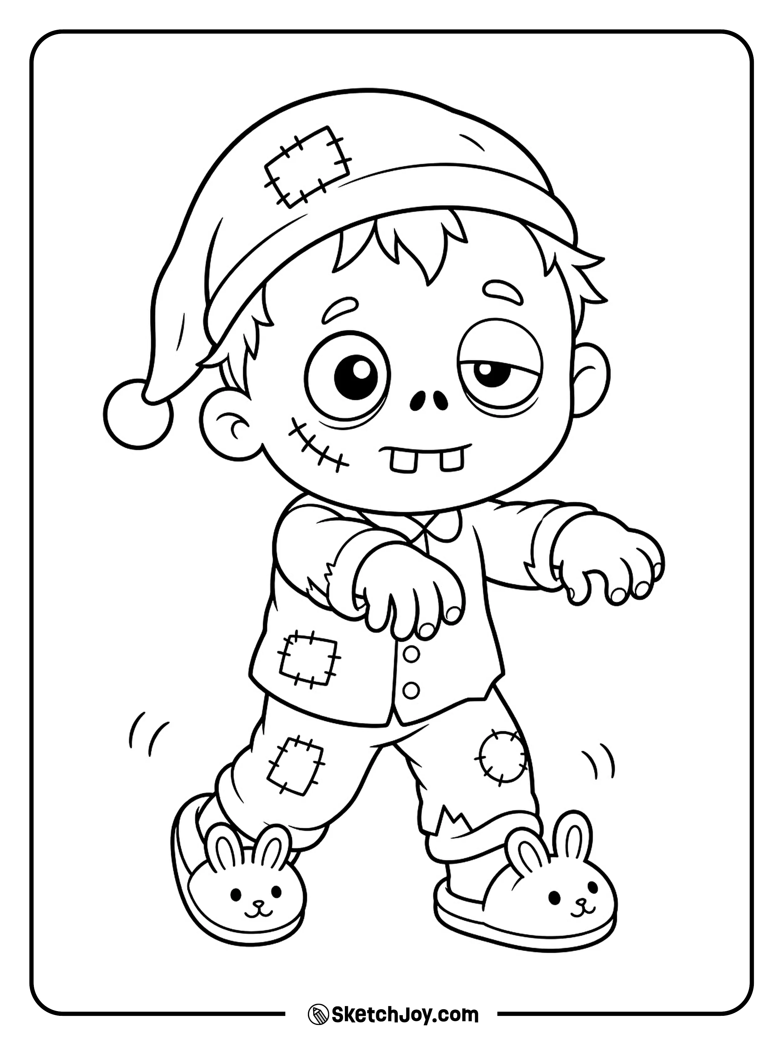 A sleepy little zombie shuffles forward in patched pajamas with both arms held out.