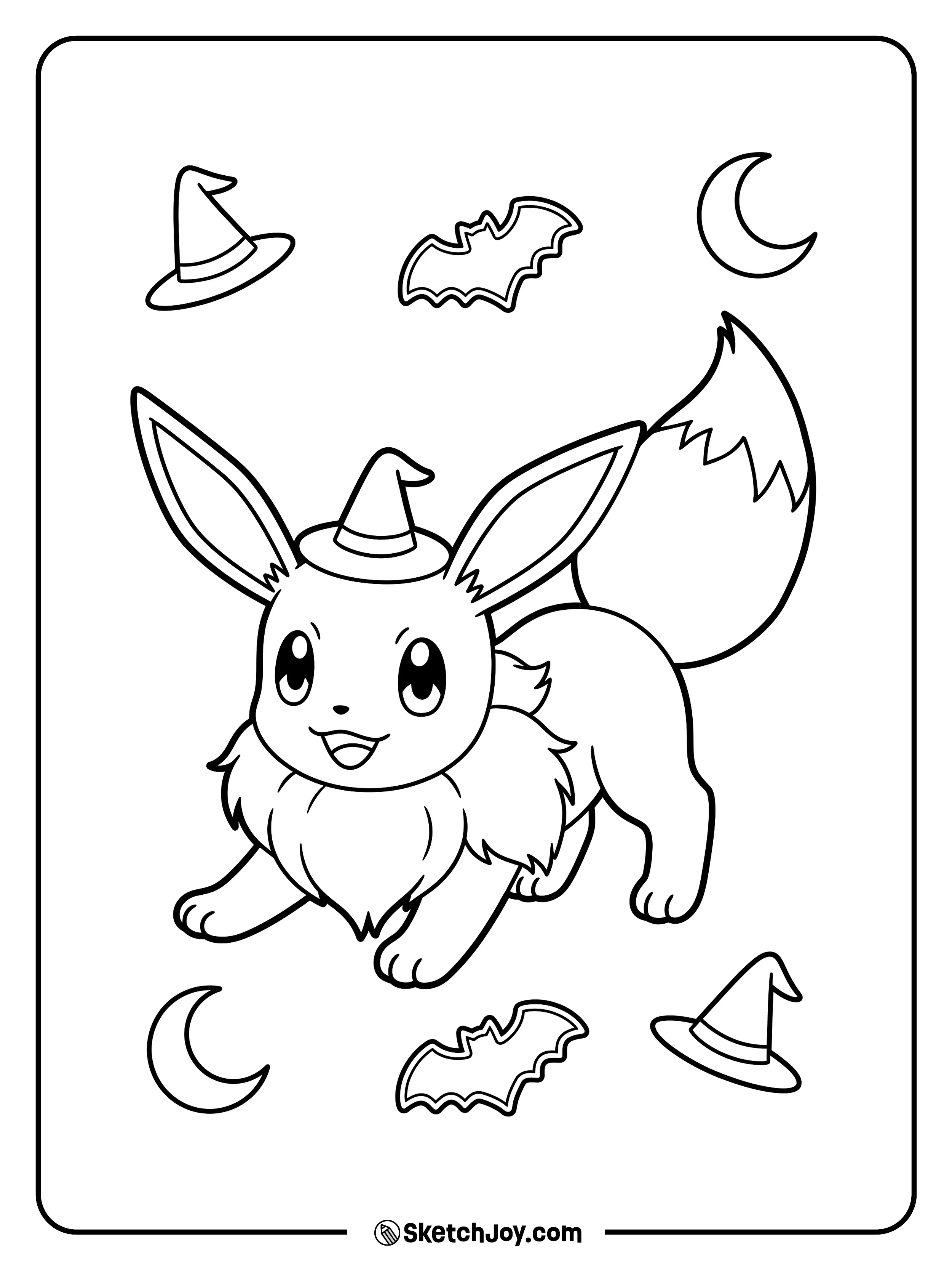 A fluffy witch bends into a playful bow among floating hats, moons, and bat cookies.