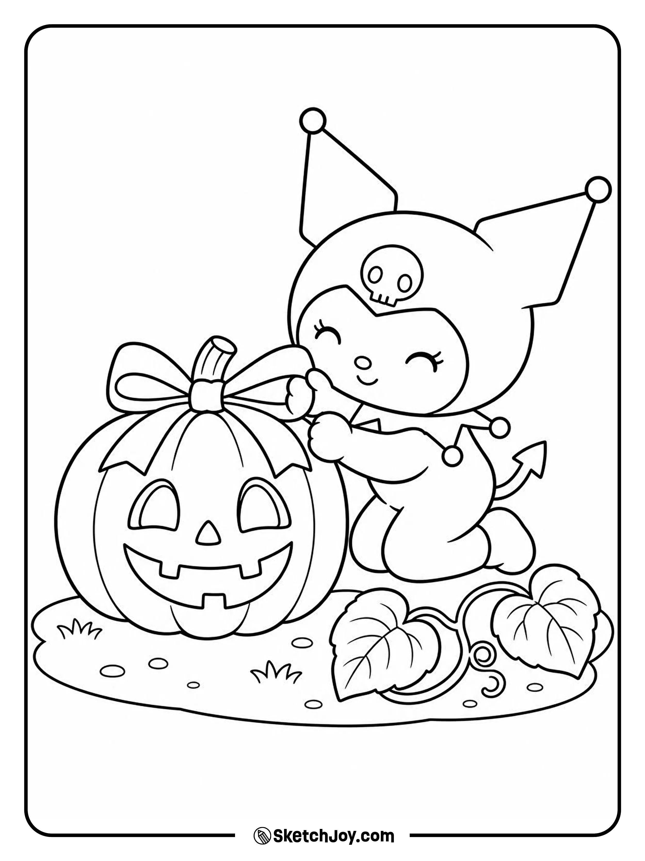 Kuromi ties a big ribbon around a pumpkin stem before the evening party.