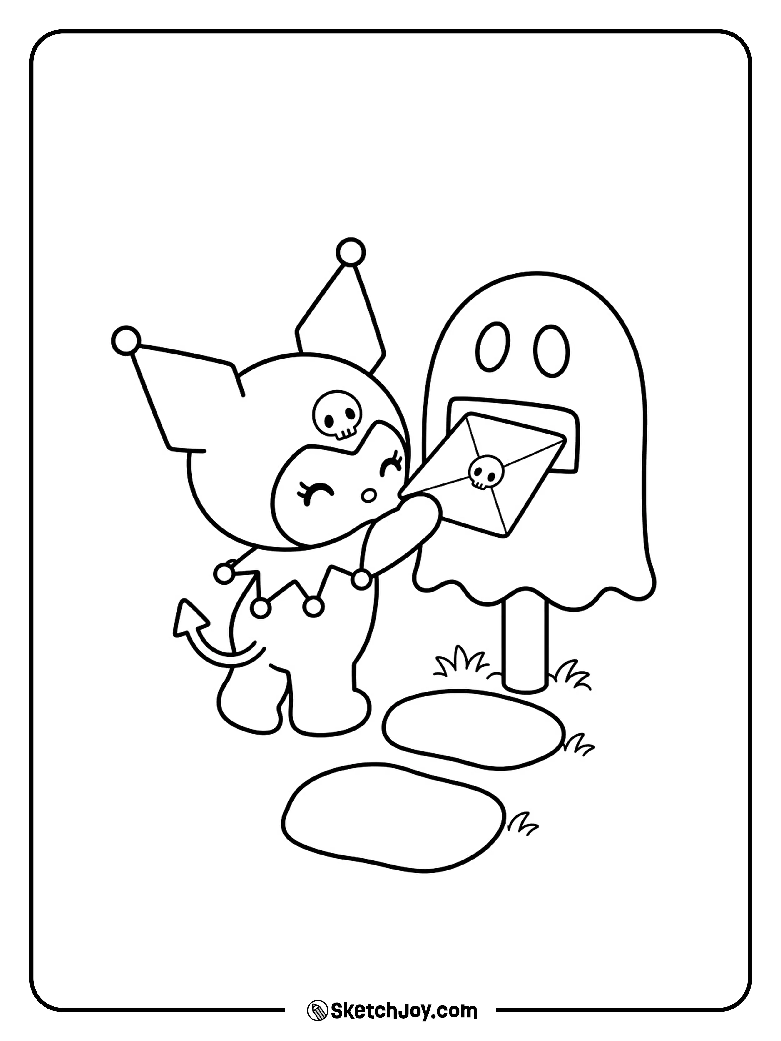 A sealed party invite slips into a smiling ghost mailbox beside the path.