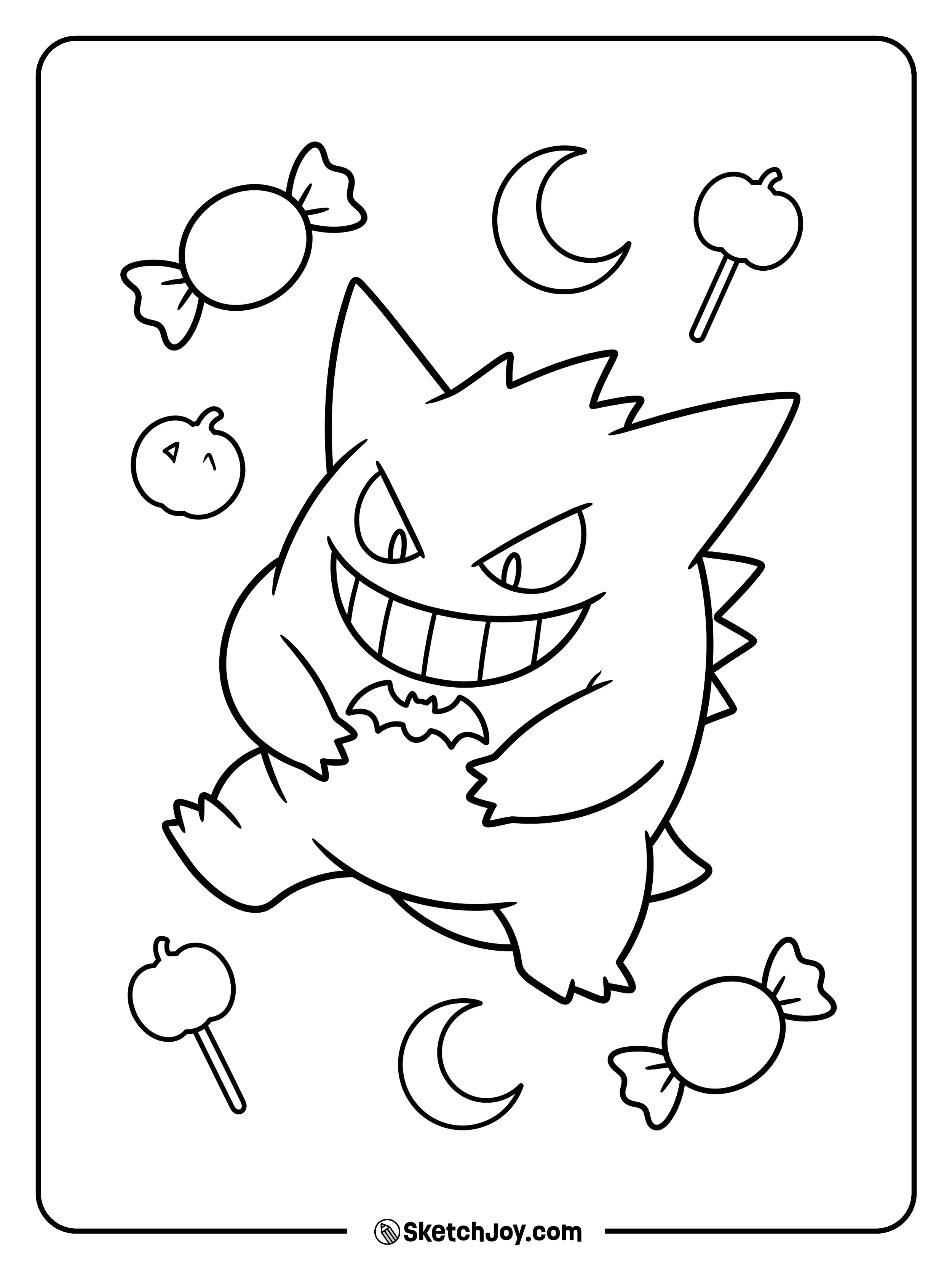 A round ghost laughs with both hands on its belly as sweet shapes float nearby.