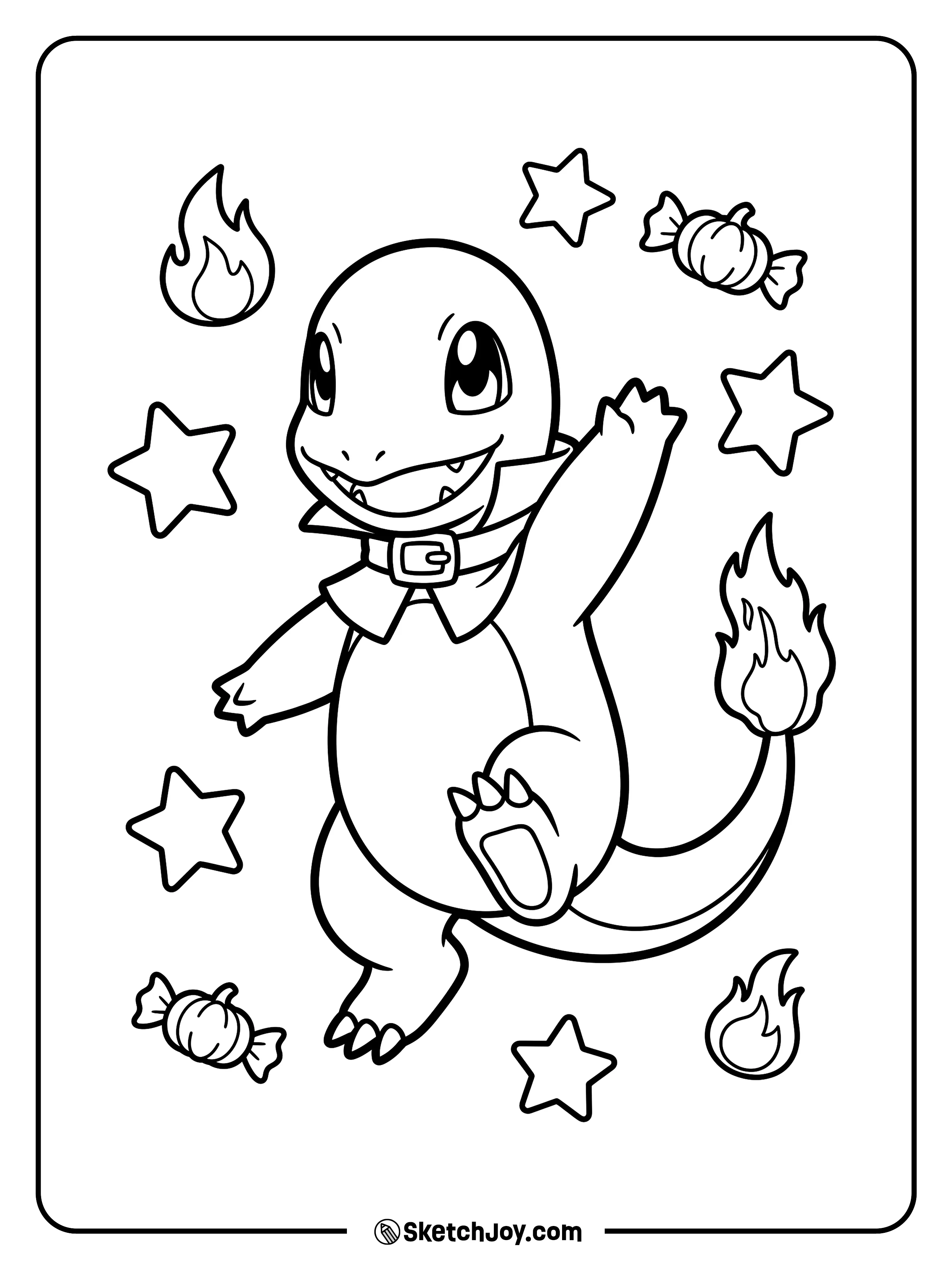 Charmander lifts one foot and waves among soft flame shapes, stars, and wrapped treats.