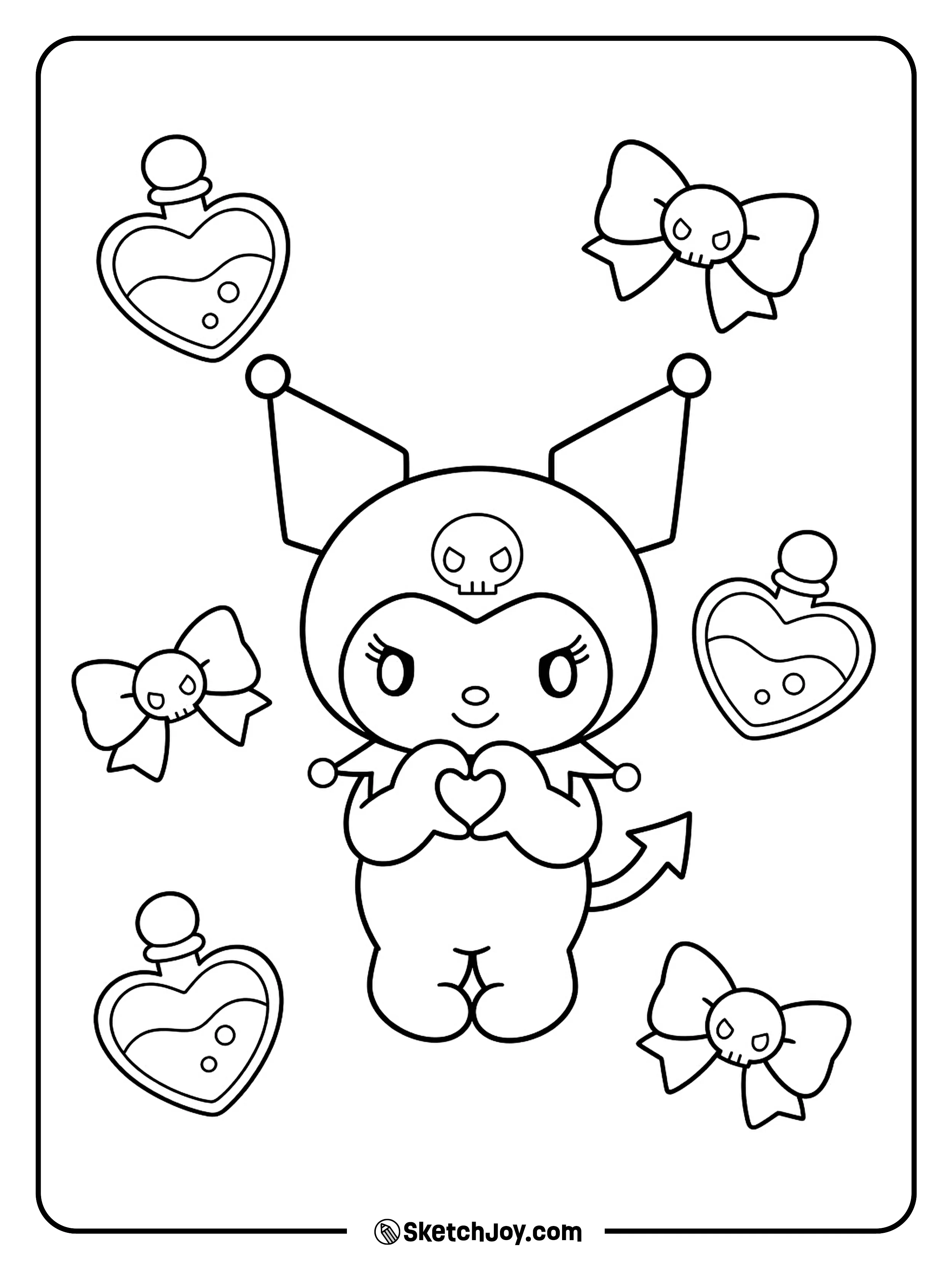 Kuromi makes a heart with her paws while heart-shaped bottles and bows float nearby.